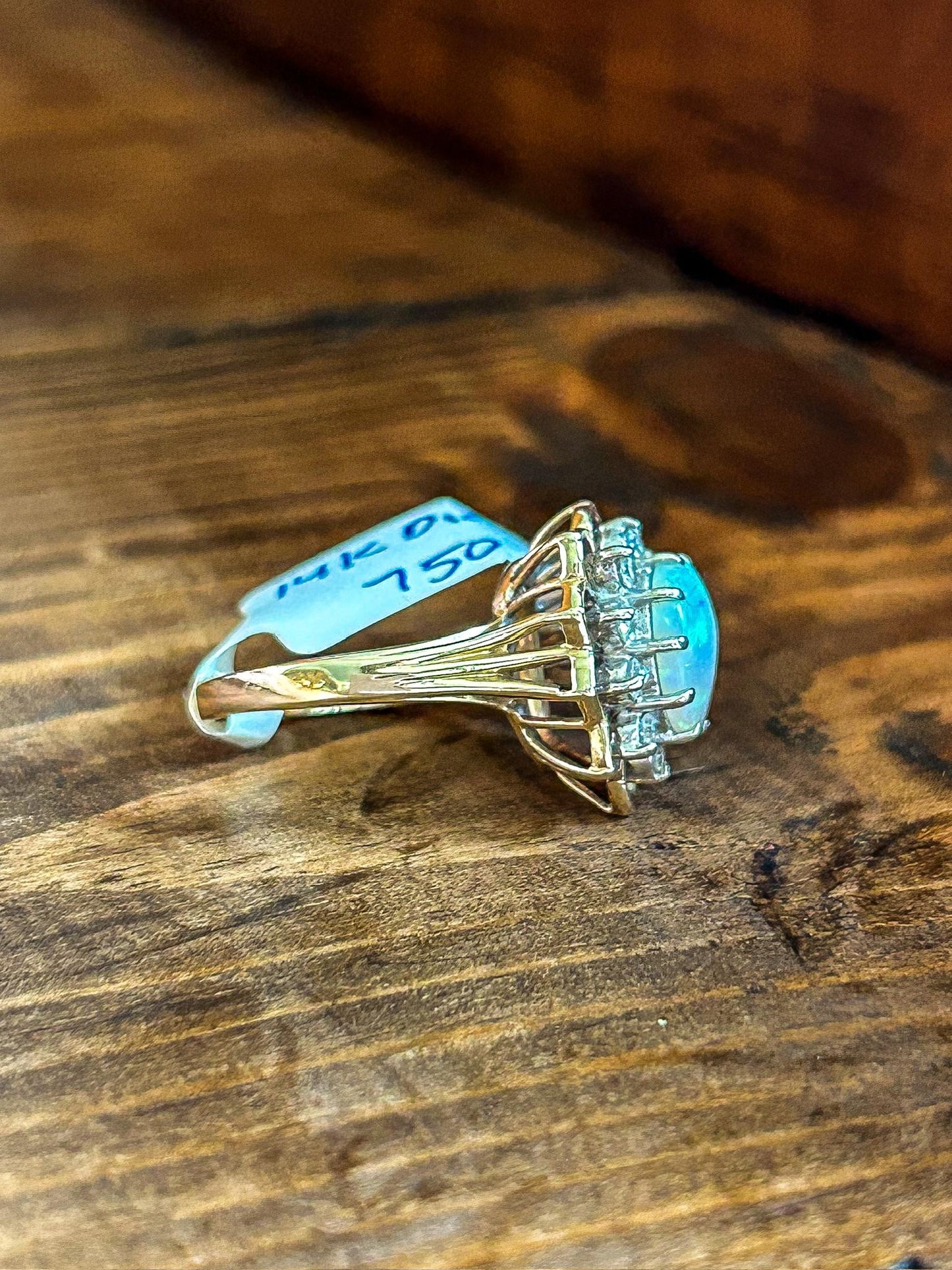 Vintage 14K Yellow Gold Opal and Diamond Ring