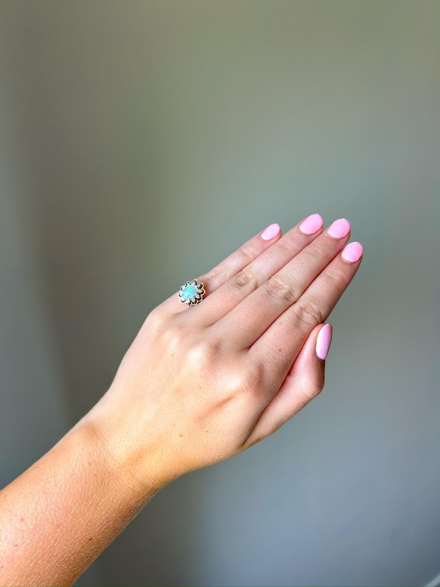 Vintage 14K Yellow Gold Opal and Diamond Ring