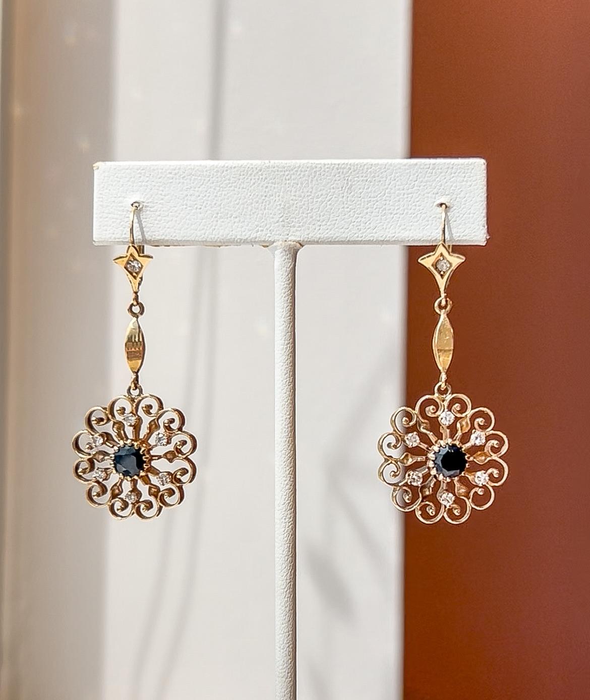 14K Diamond and Sapphire Dangle Earrings