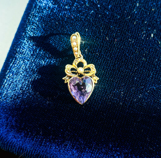 14K Antique Amethyst Heart W/Seed Pearls