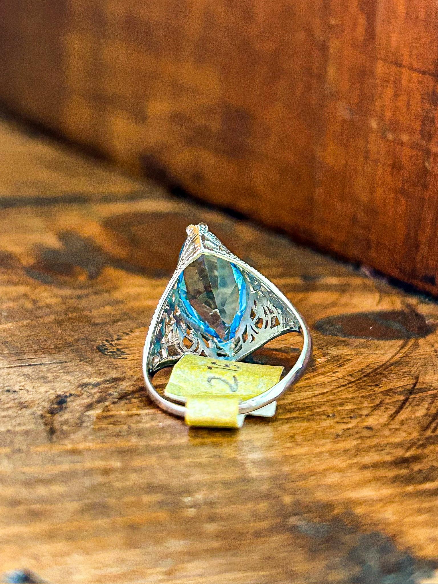 Vintage Filigree Blue Topaz Marquis 14K White Gold Ring
