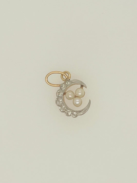 Antique Diamond and Seed Pearl Crescent Pendant