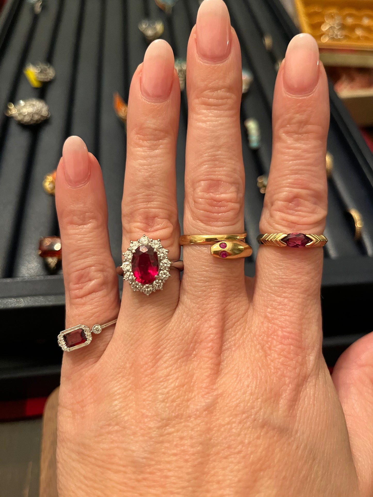 East West Garnet and Diamond 14k White Gold Ring