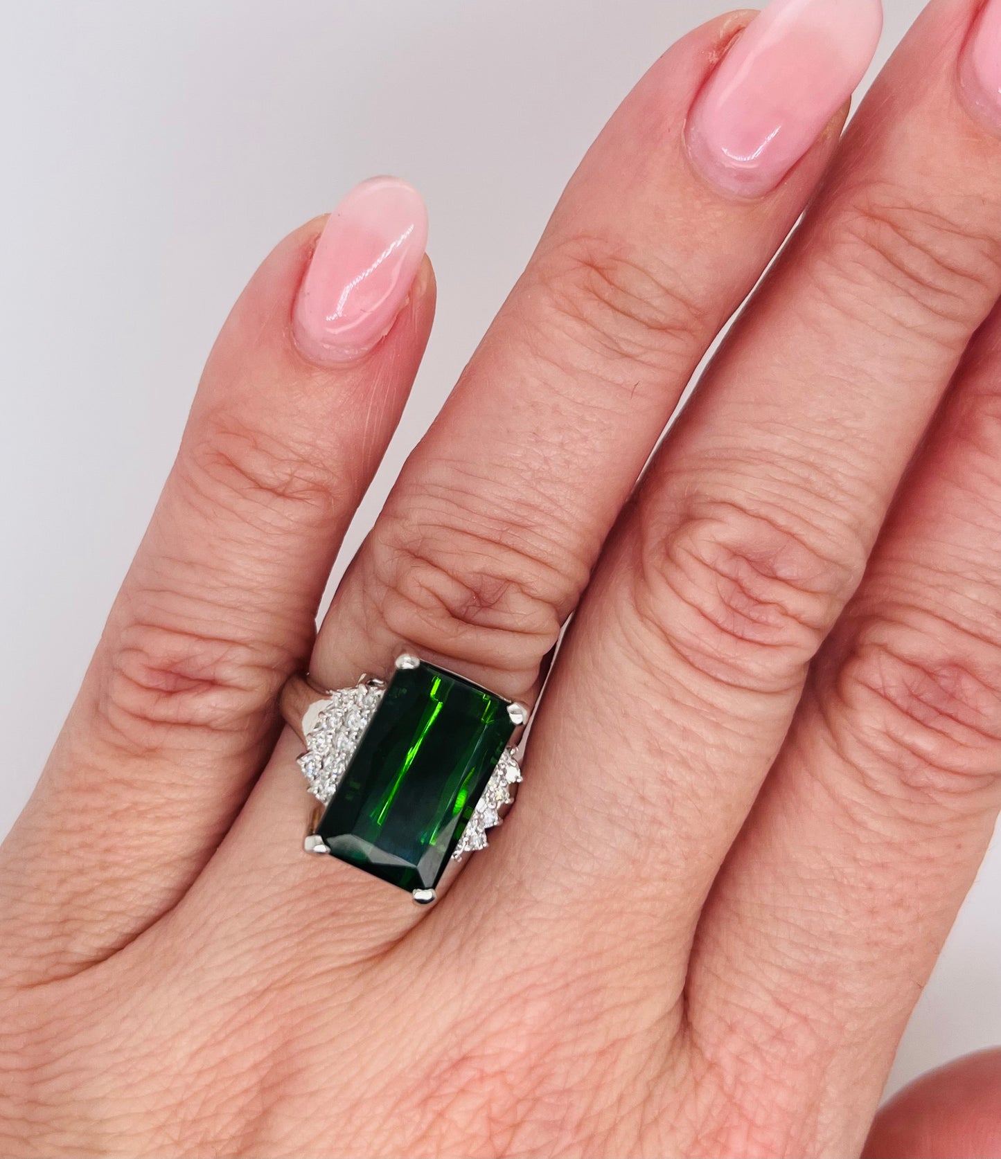 Stunning Platinum Green Tourmaline and Diamond Statement Ring
