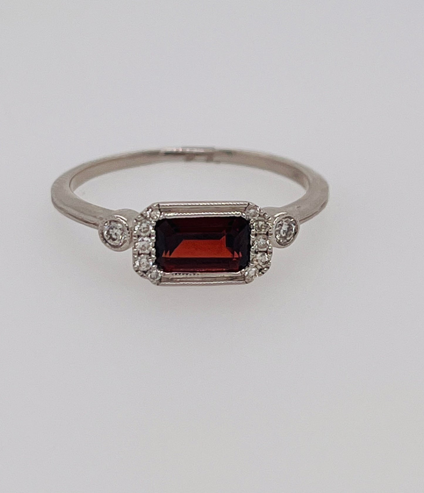 East West Garnet and Diamond 14k White Gold Ring