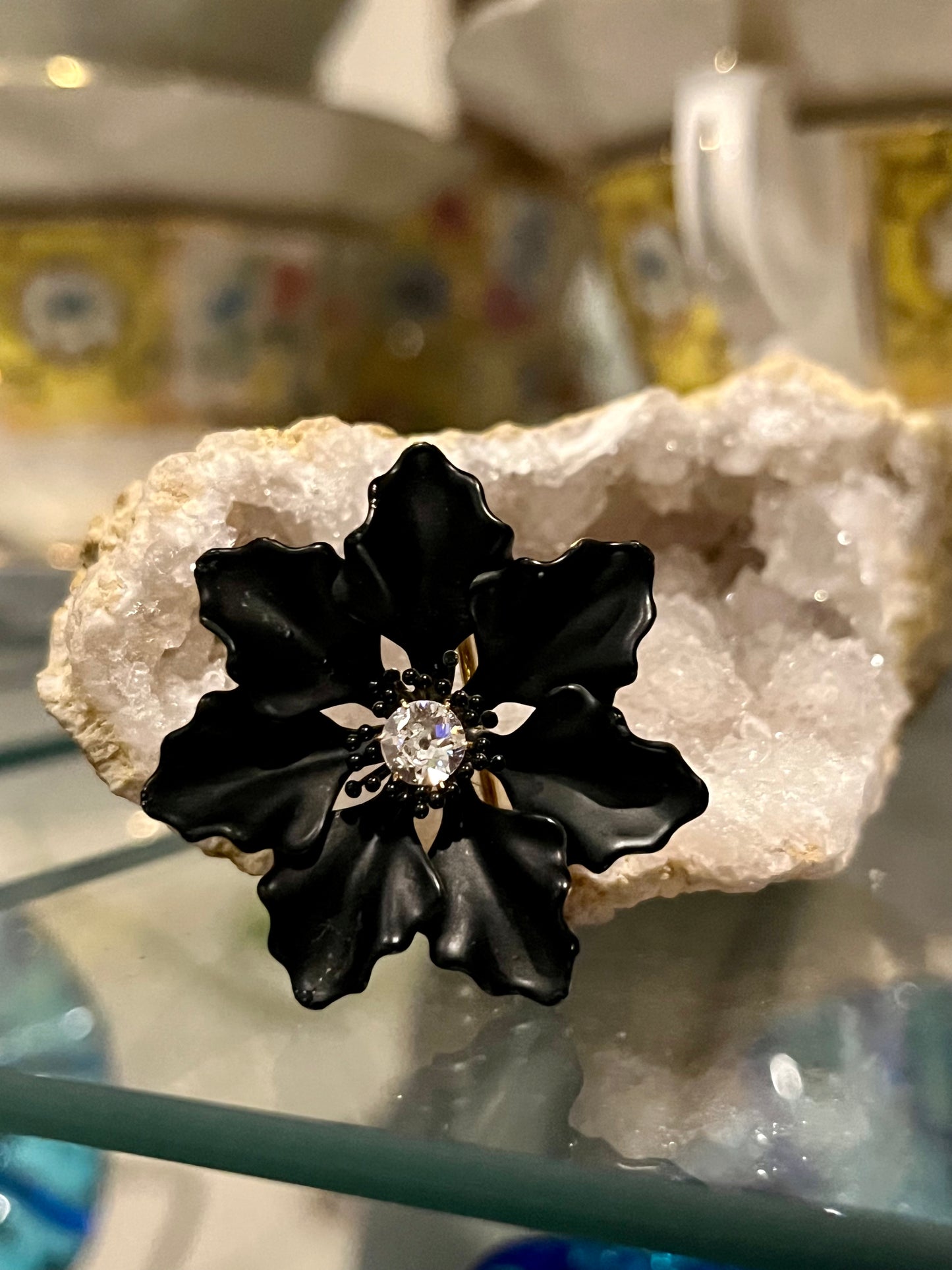 Vintage Enamel and Diamond Flower Brooch pin