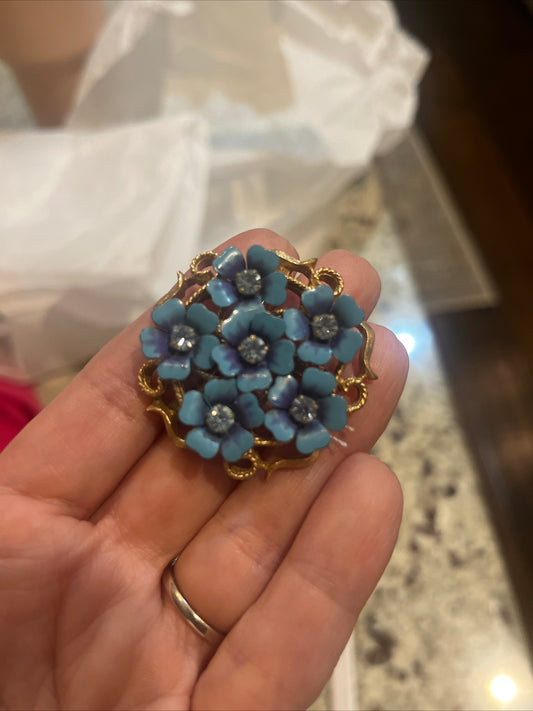 Costume Vintage Blue Enamel and Rhinestone Brooch
