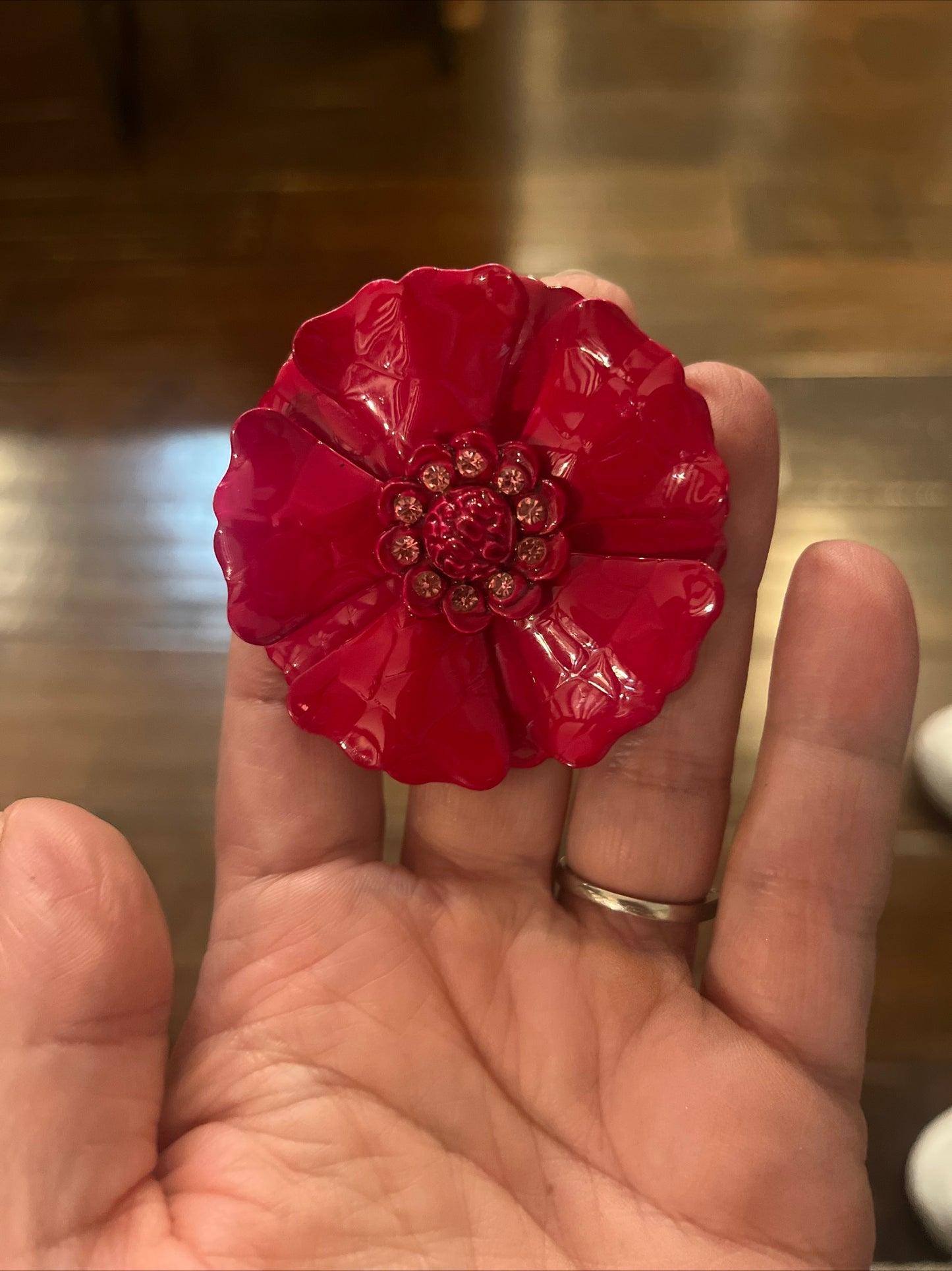 Costume Hot Pink Enamel and Rhinestone Flower