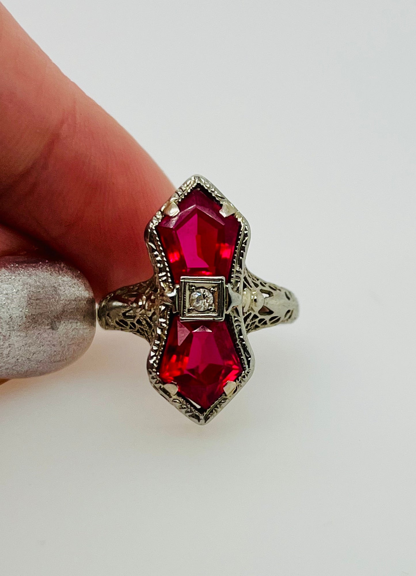 Stunning 14k White Gold Filigree Synthetic Ruby and Diamond Ring BELAIS
