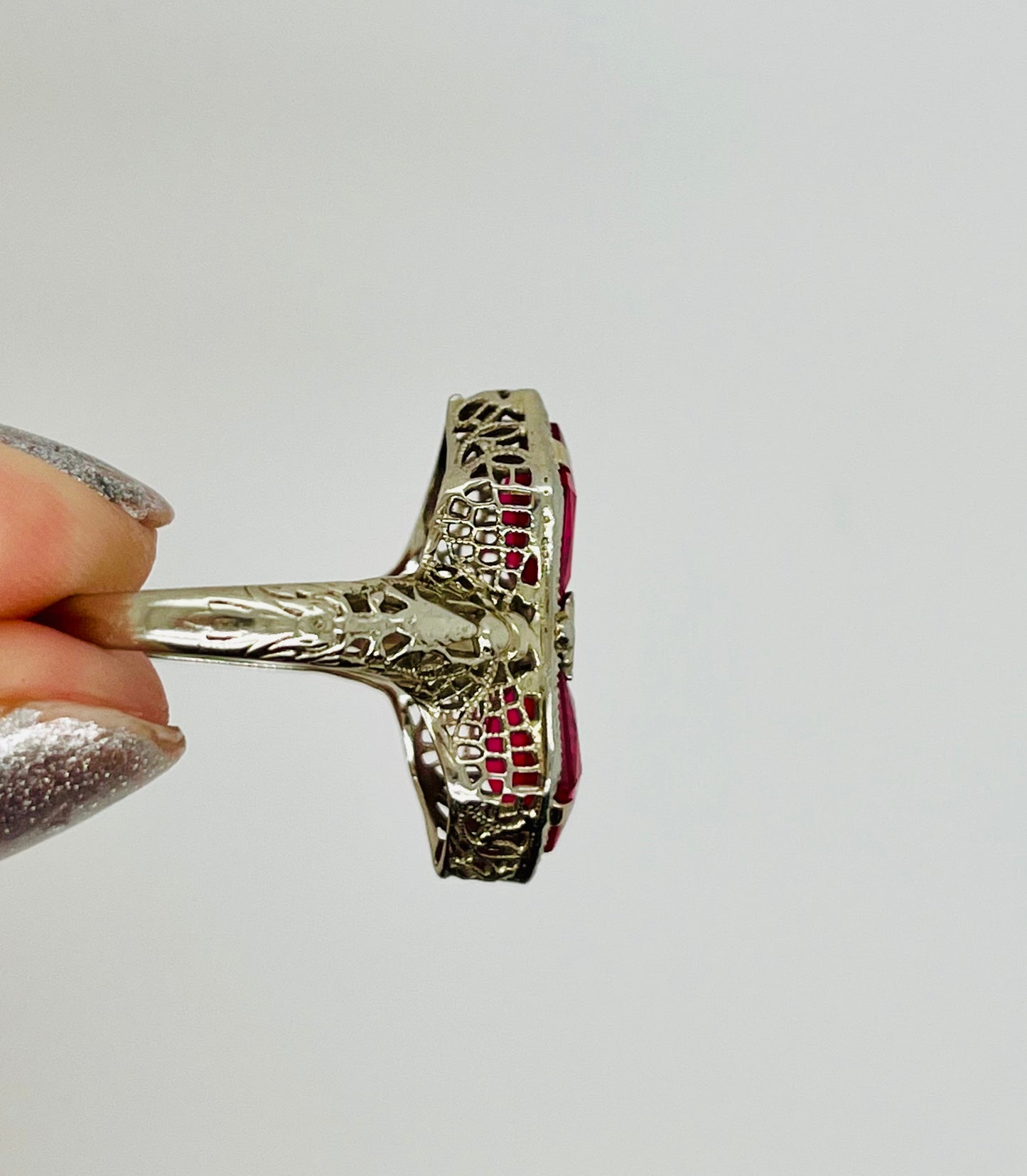 Stunning 14k White Gold Filigree Synthetic Ruby and Diamond Ring BELAIS