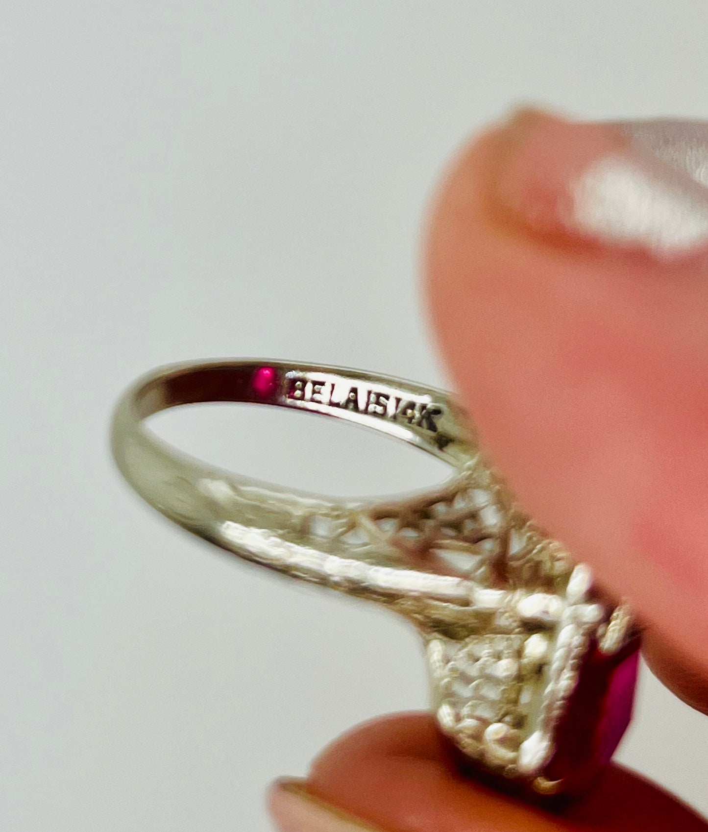 Stunning 14k White Gold Filigree Synthetic Ruby and Diamond Ring BELAIS