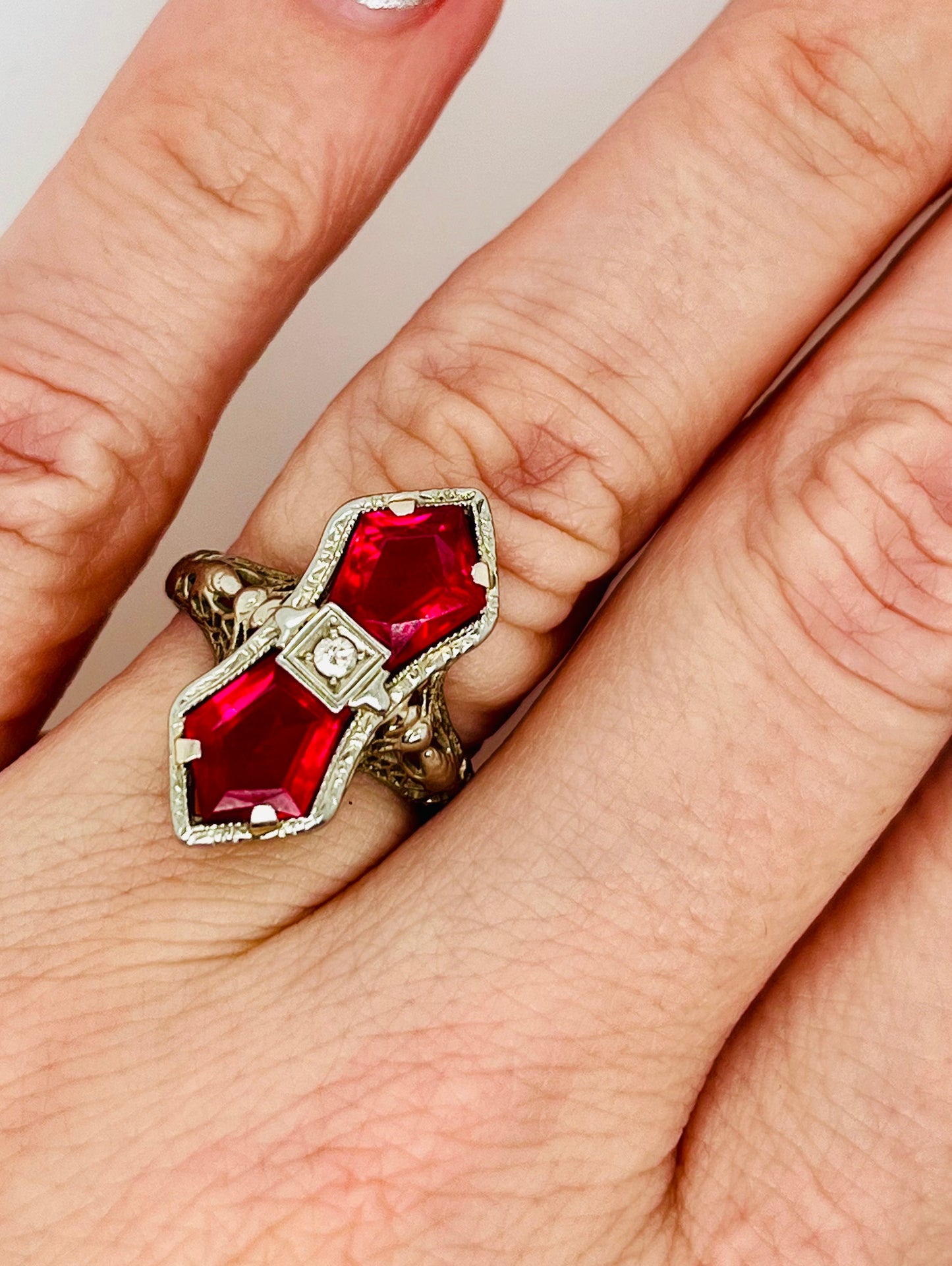 Stunning 14k White Gold Filigree Synthetic Ruby and Diamond Ring BELAIS