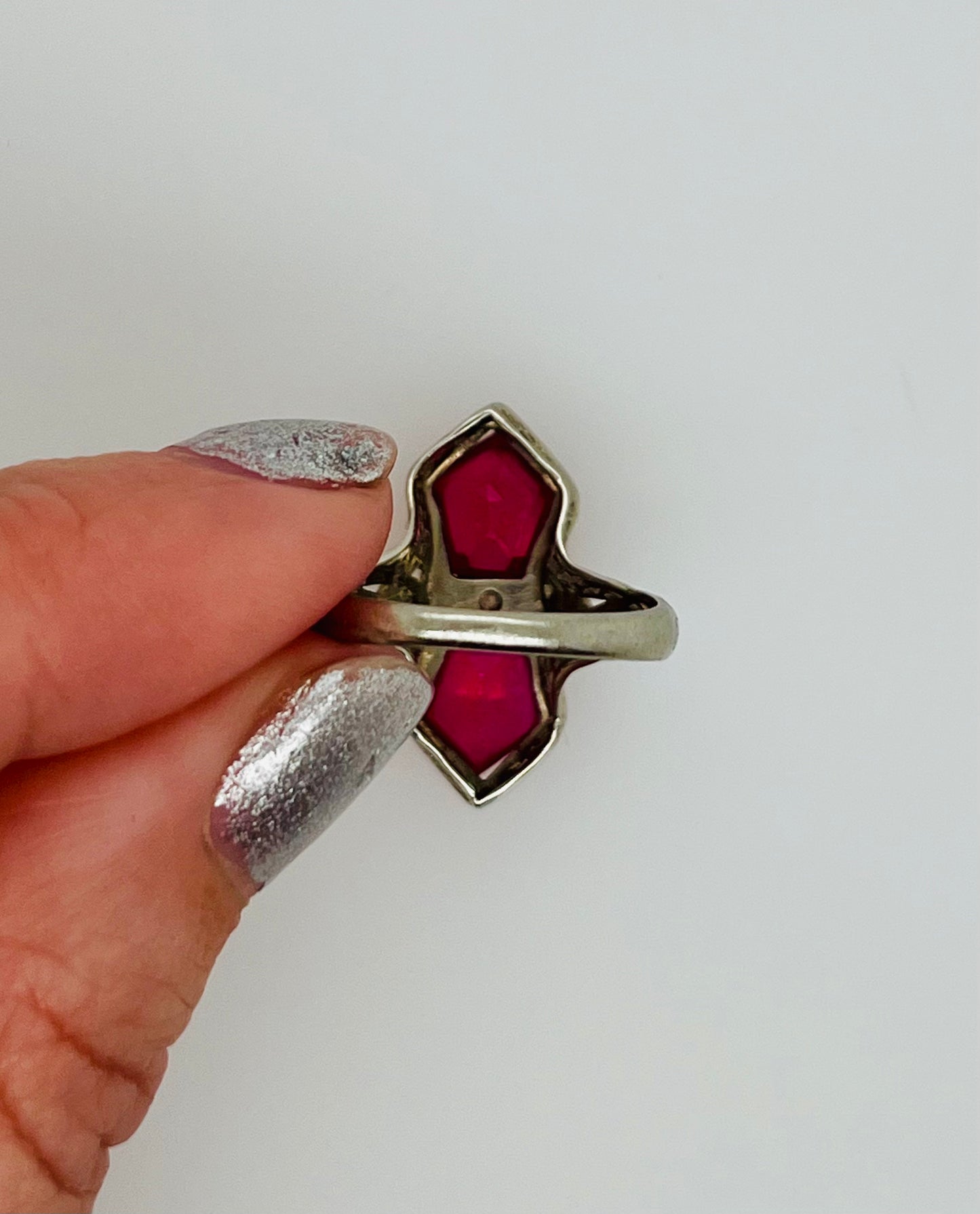 Stunning 14k White Gold Filigree Synthetic Ruby and Diamond Ring BELAIS