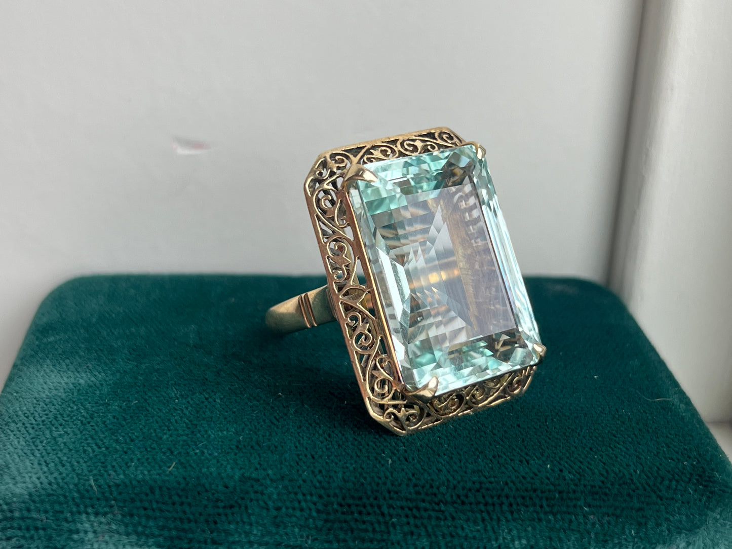 Retro Massive 28.2ct Aquamarine Ring 14k Yellow Gold