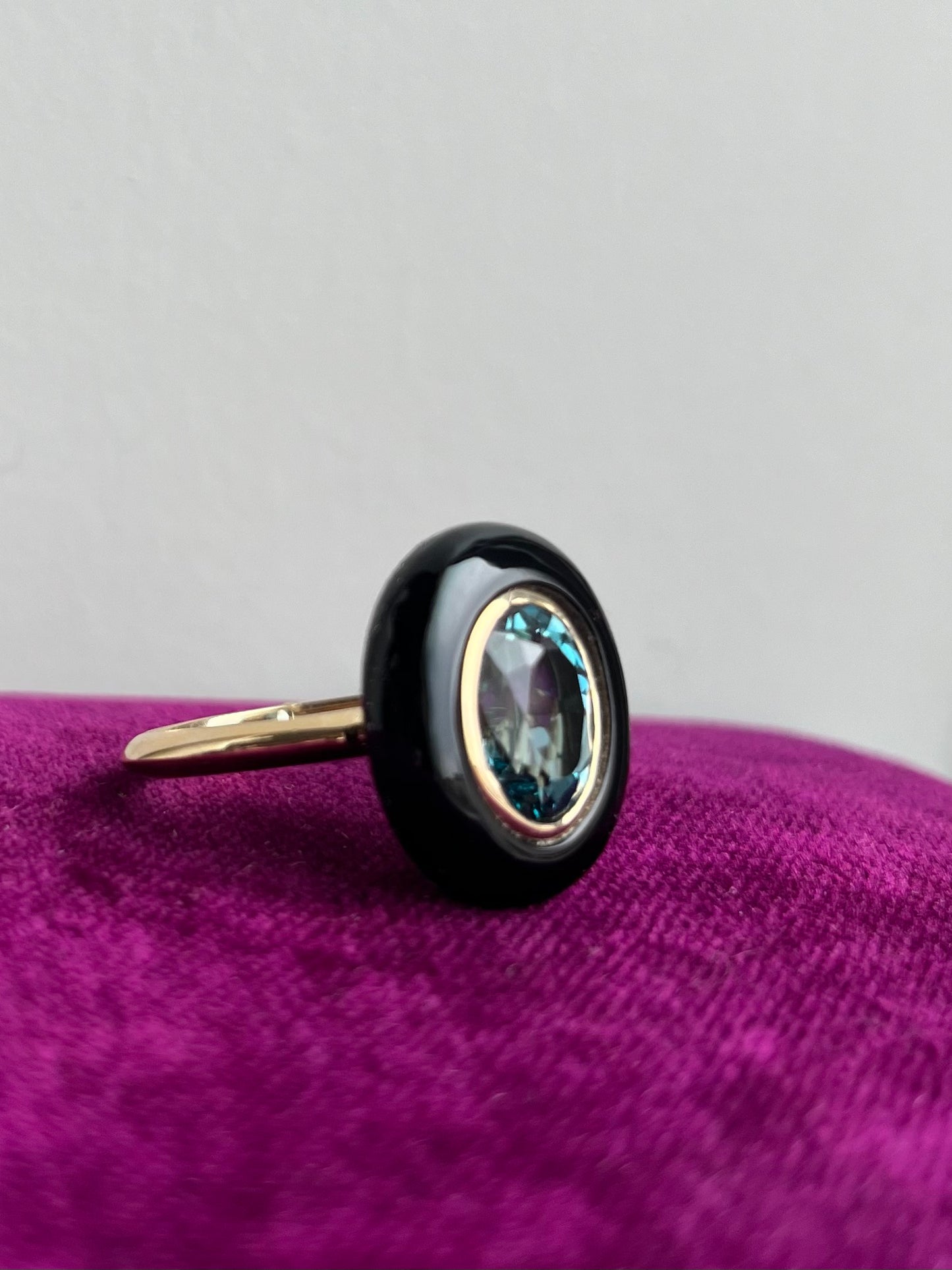Modern Onyx and Blue Zircon Ring