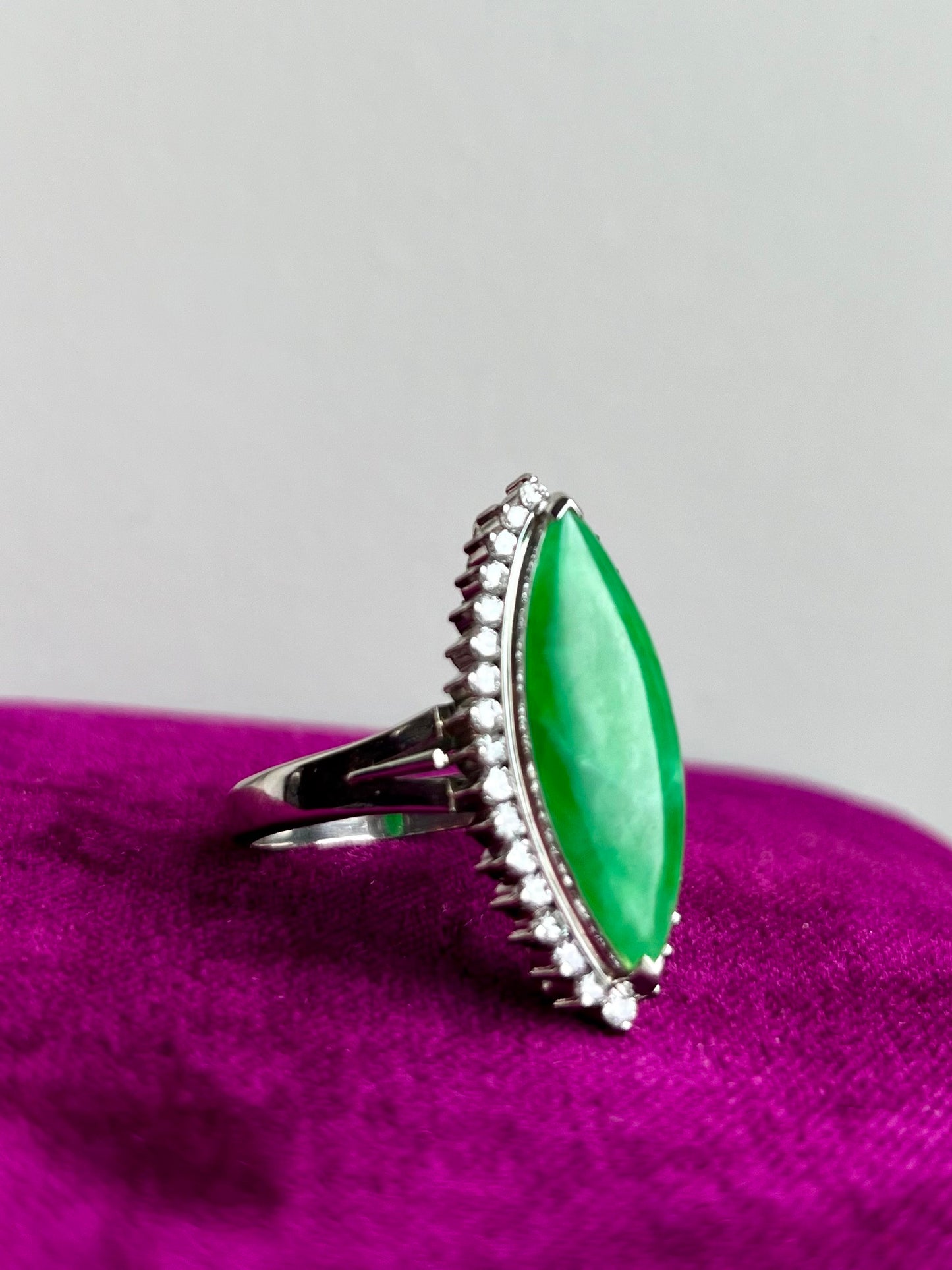 Vintage Marquis Cut Jade and Diamond Halo Ring Platinum