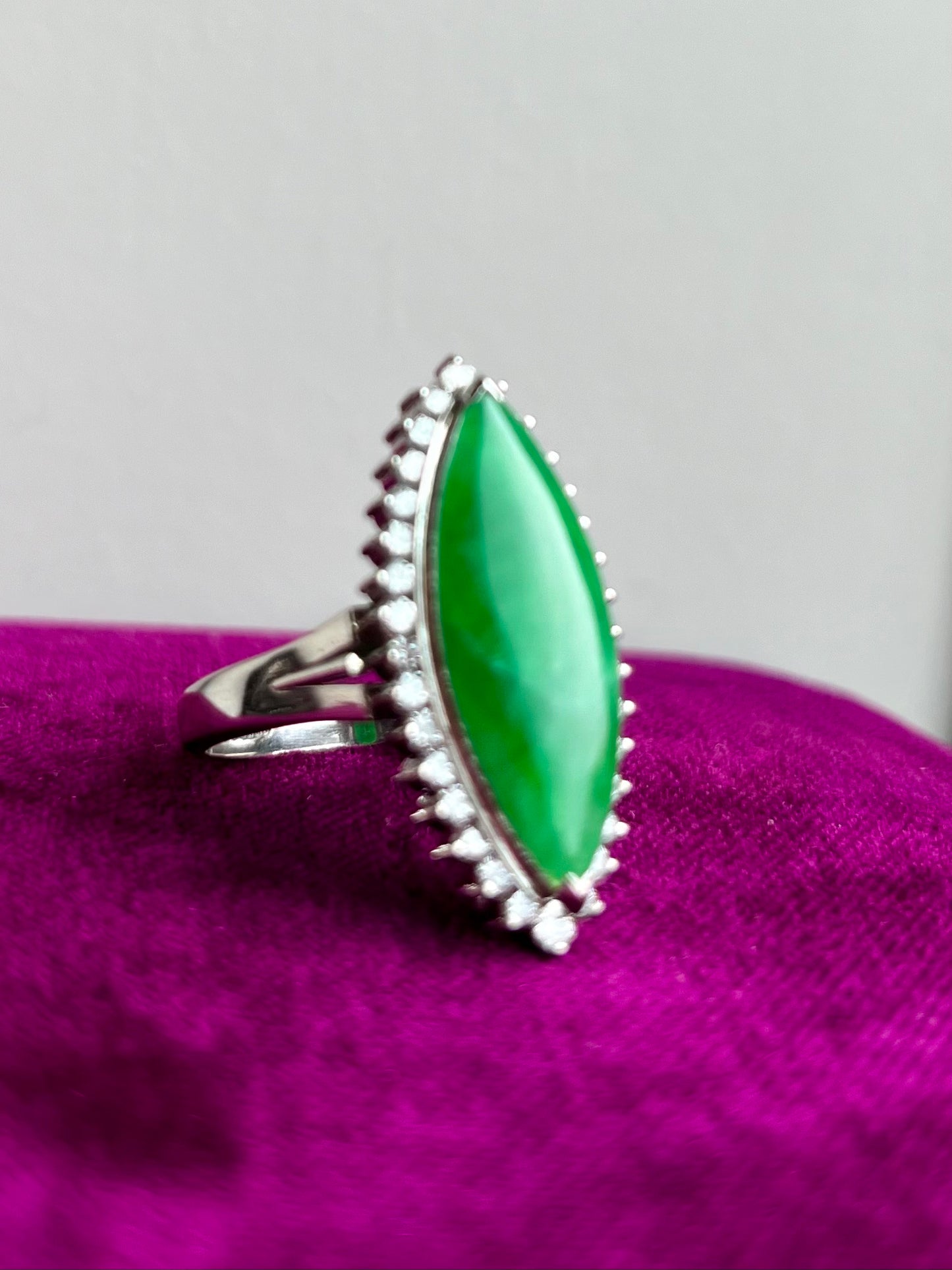 Vintage Marquis Cut Jade and Diamond Halo Ring Platinum
