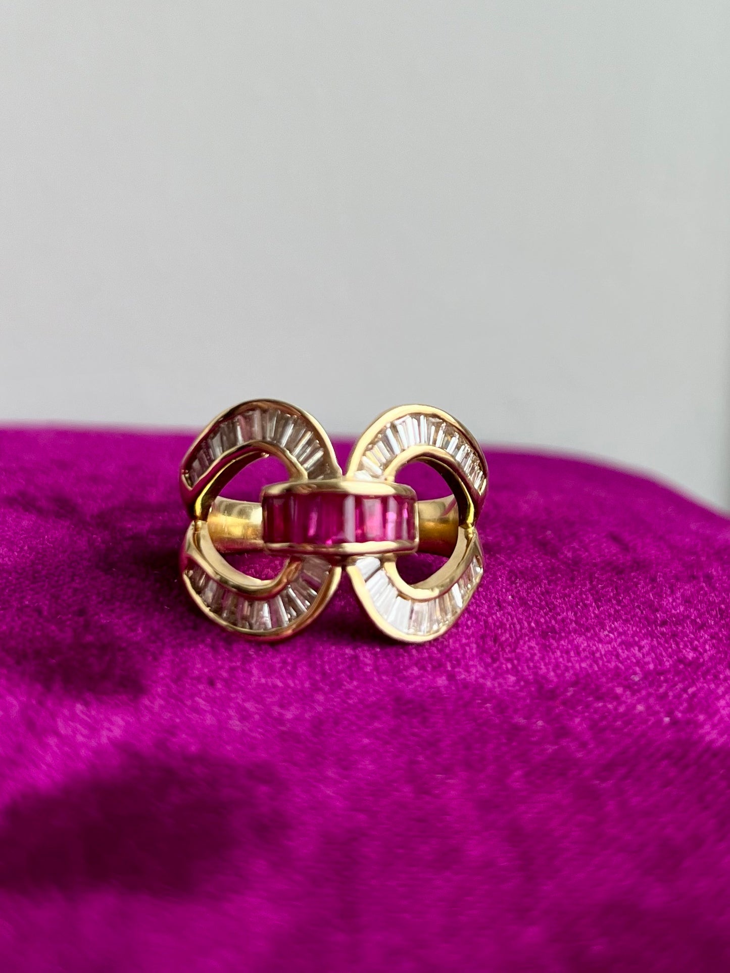 Diamond Baguette and Ruby Statement Ring 18K
