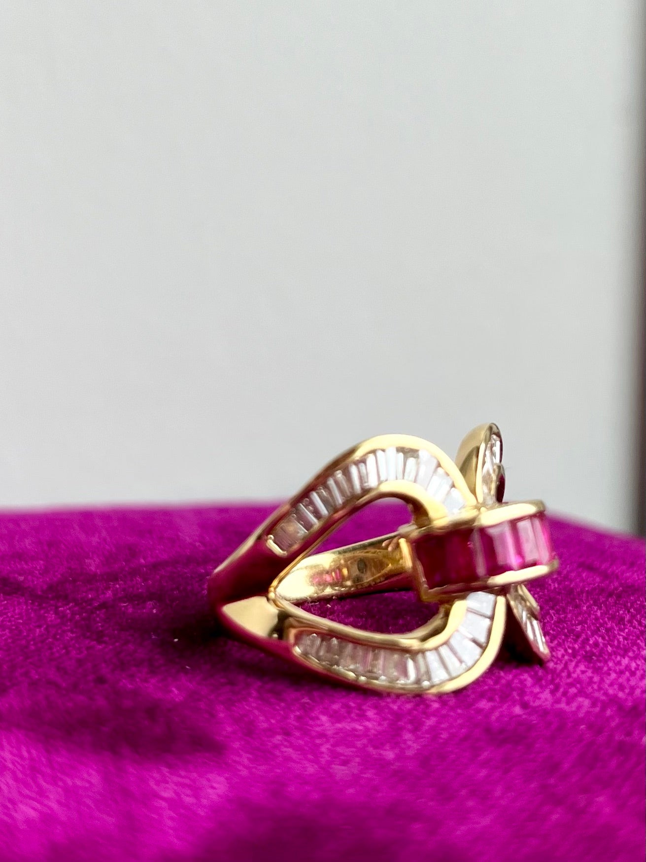 Diamond Baguette and Ruby Statement Ring 18K