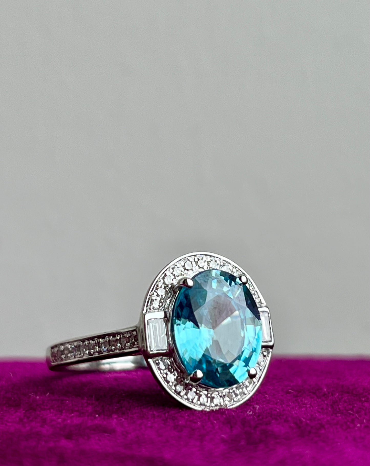 Stunning Blue Zircon and Diamond 14k White Gold Ring