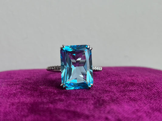 Emerald Cut Blue Topaz and Diamond 14k White Gold Ring