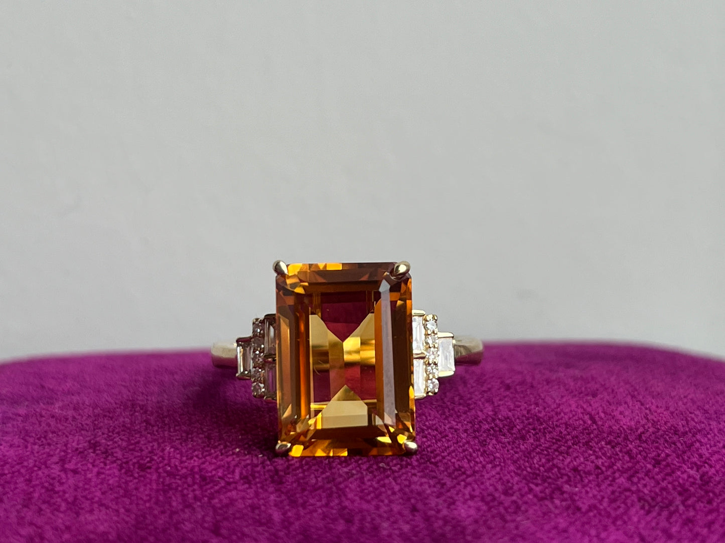Modern Citrine and Diamond Baguette 14K Statement Ring