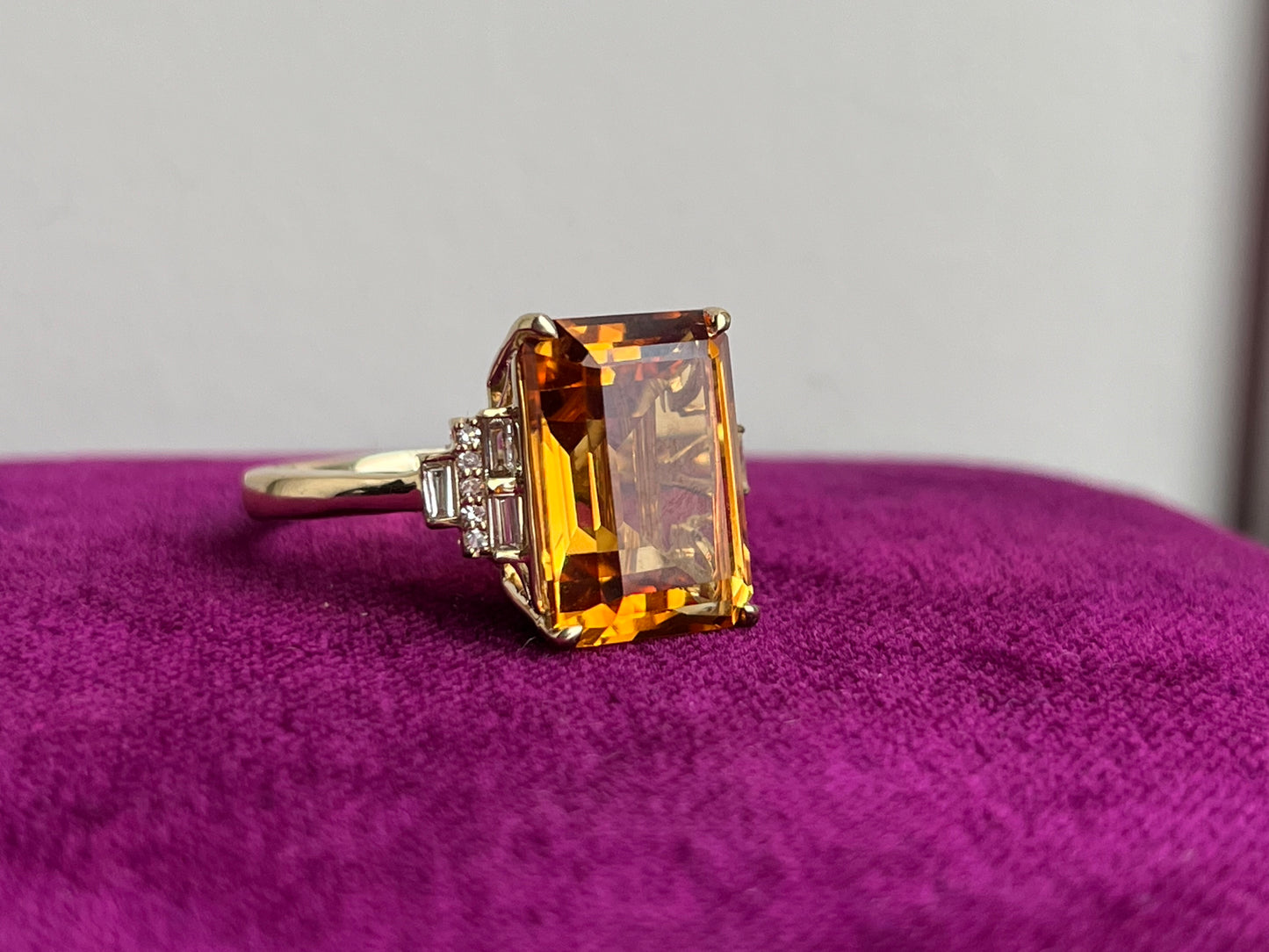 Modern Citrine and Diamond Baguette 14K Statement Ring