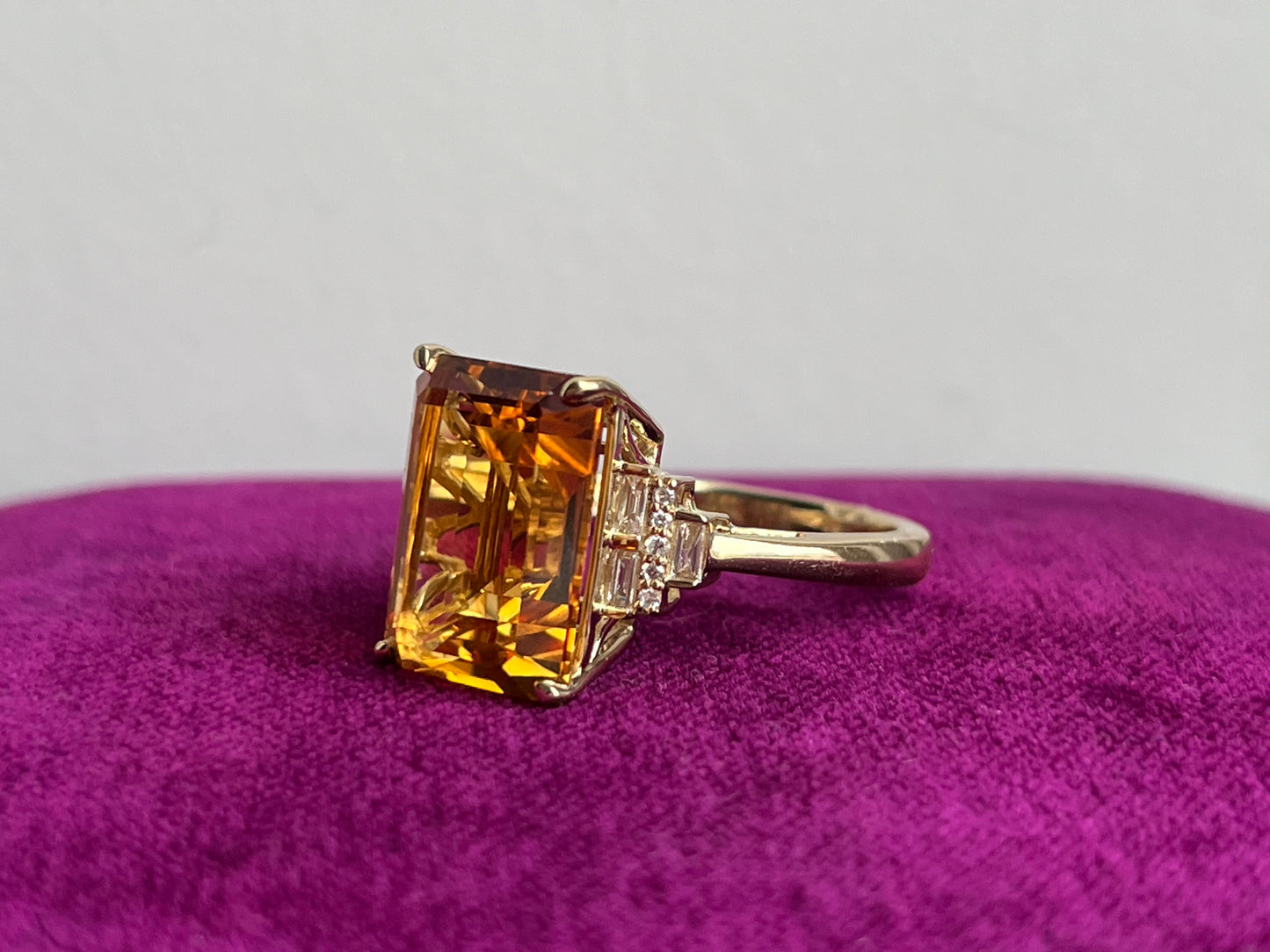 Modern Citrine and Diamond Baguette 14K Statement Ring