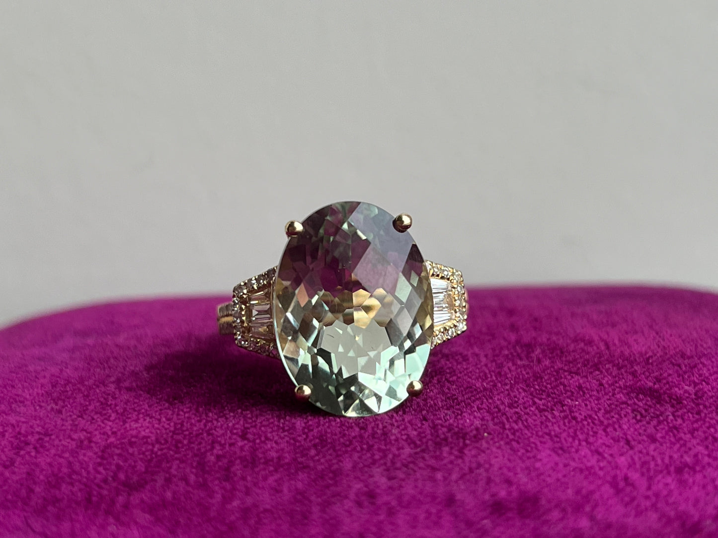 Prasiolite Green Amethyst and Diamond Ring 14kYG