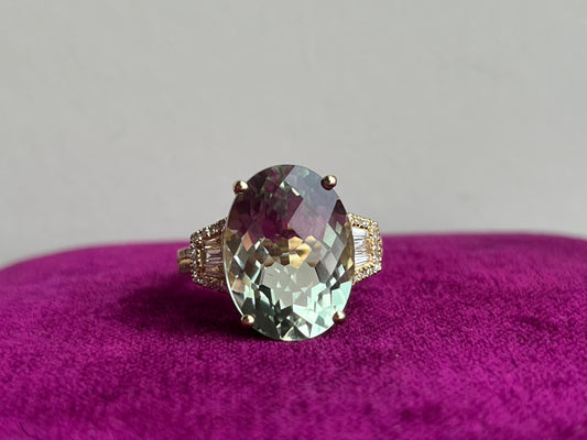 Prasiolite Green Amethyst and Diamond Ring 14kYG