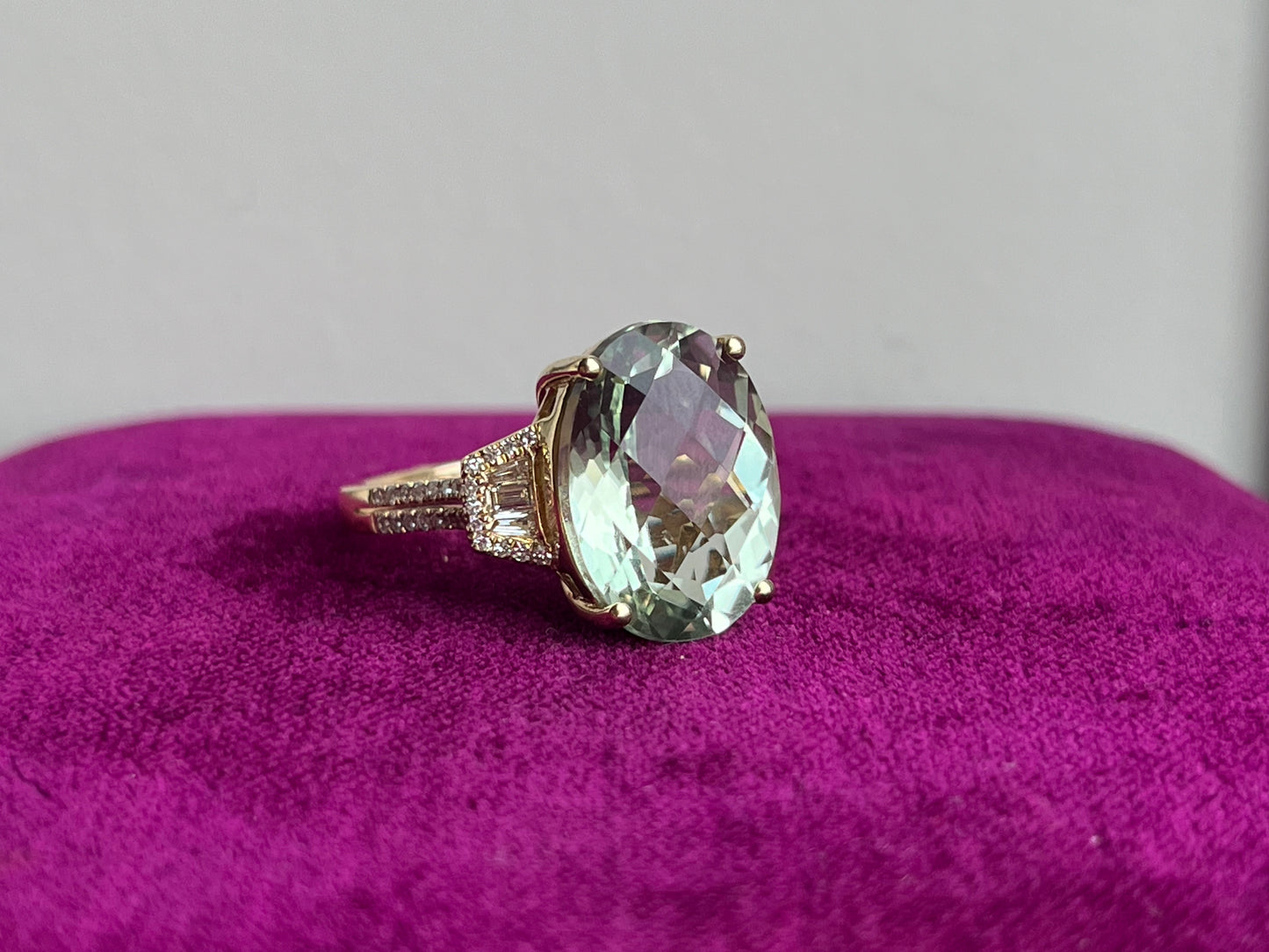 Prasiolite Green Amethyst and Diamond Ring 14kYG