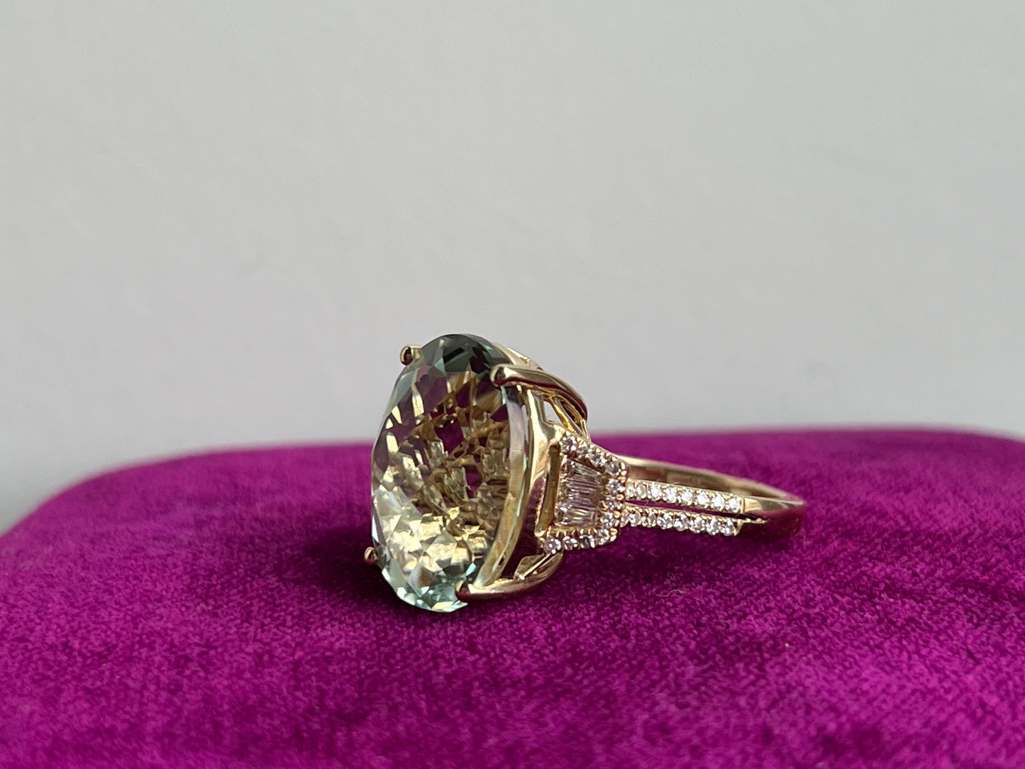 Prasiolite Green Amethyst and Diamond Ring 14kYG