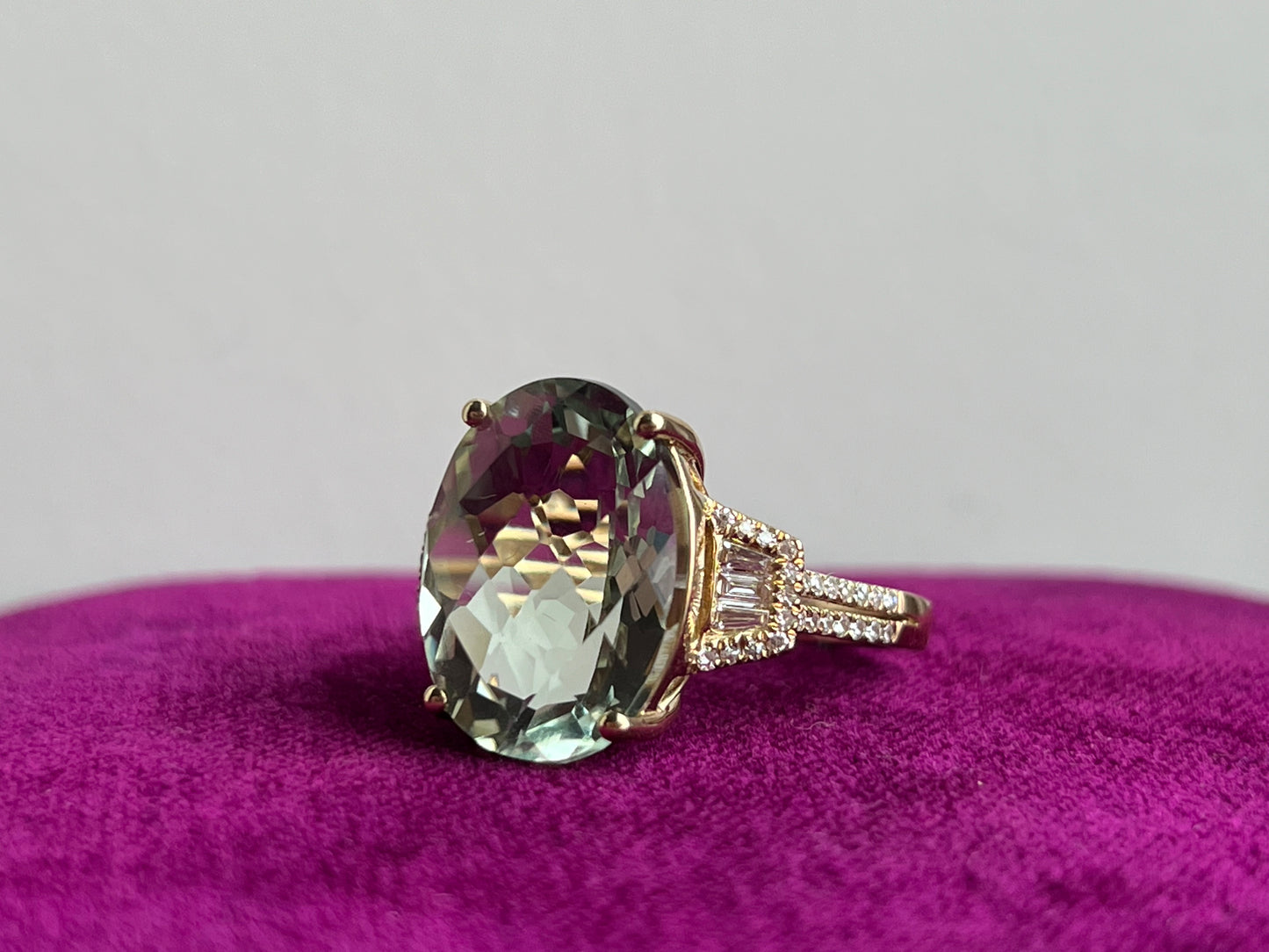 Prasiolite Green Amethyst and Diamond Ring 14kYG
