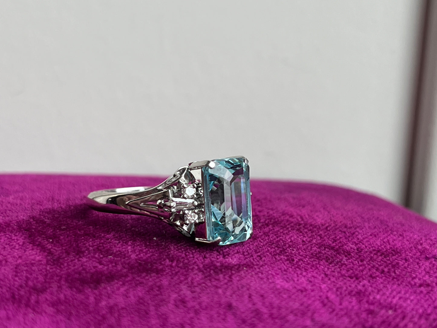 Emerald Cut Aquamarine and Diamond Ring Platinum