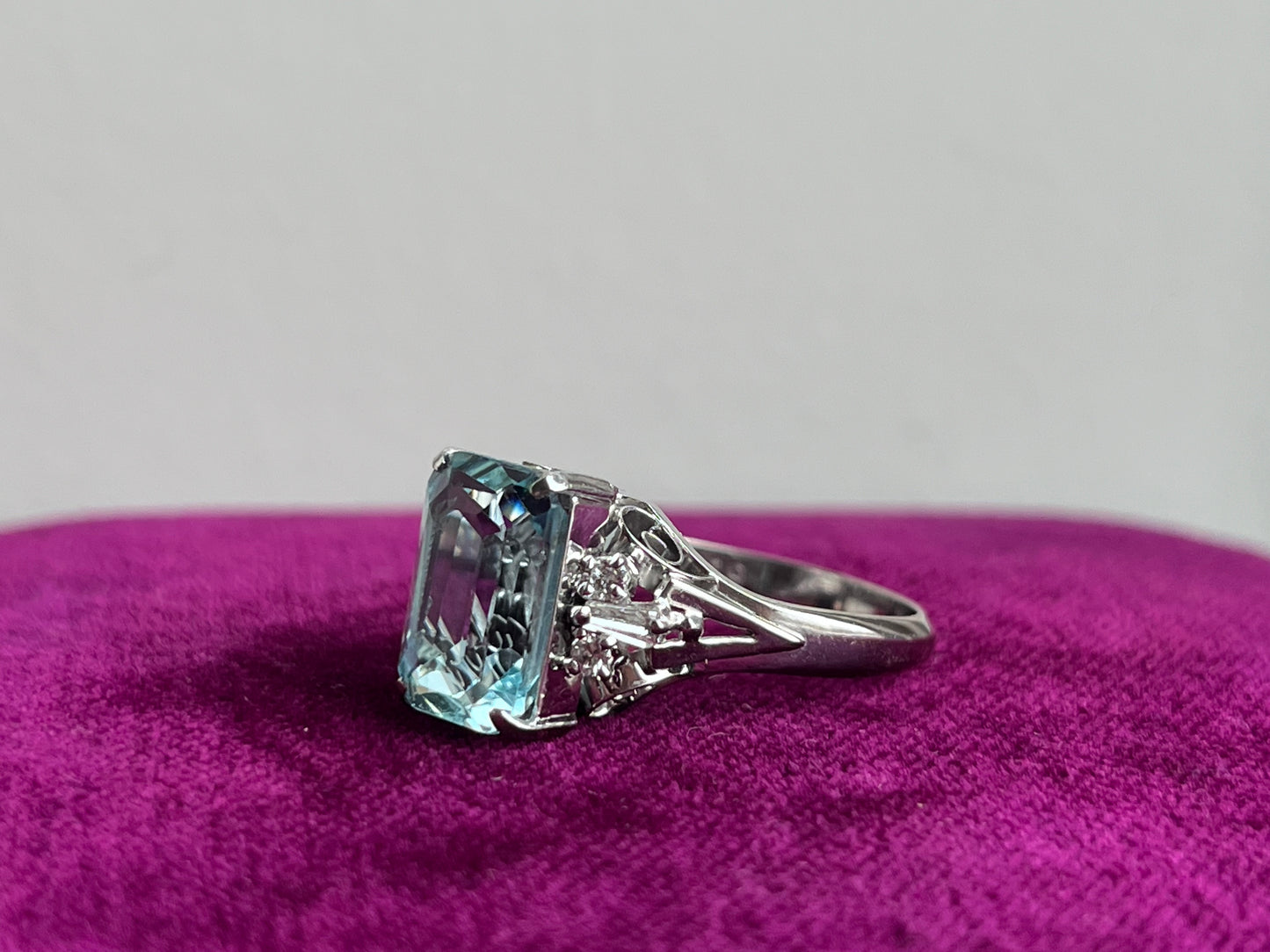 Emerald Cut Aquamarine and Diamond Ring Platinum