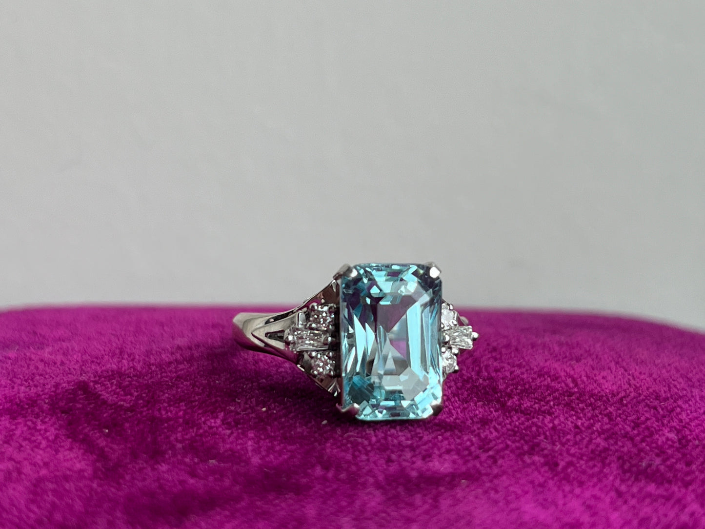 Emerald Cut Aquamarine and Diamond Ring Platinum