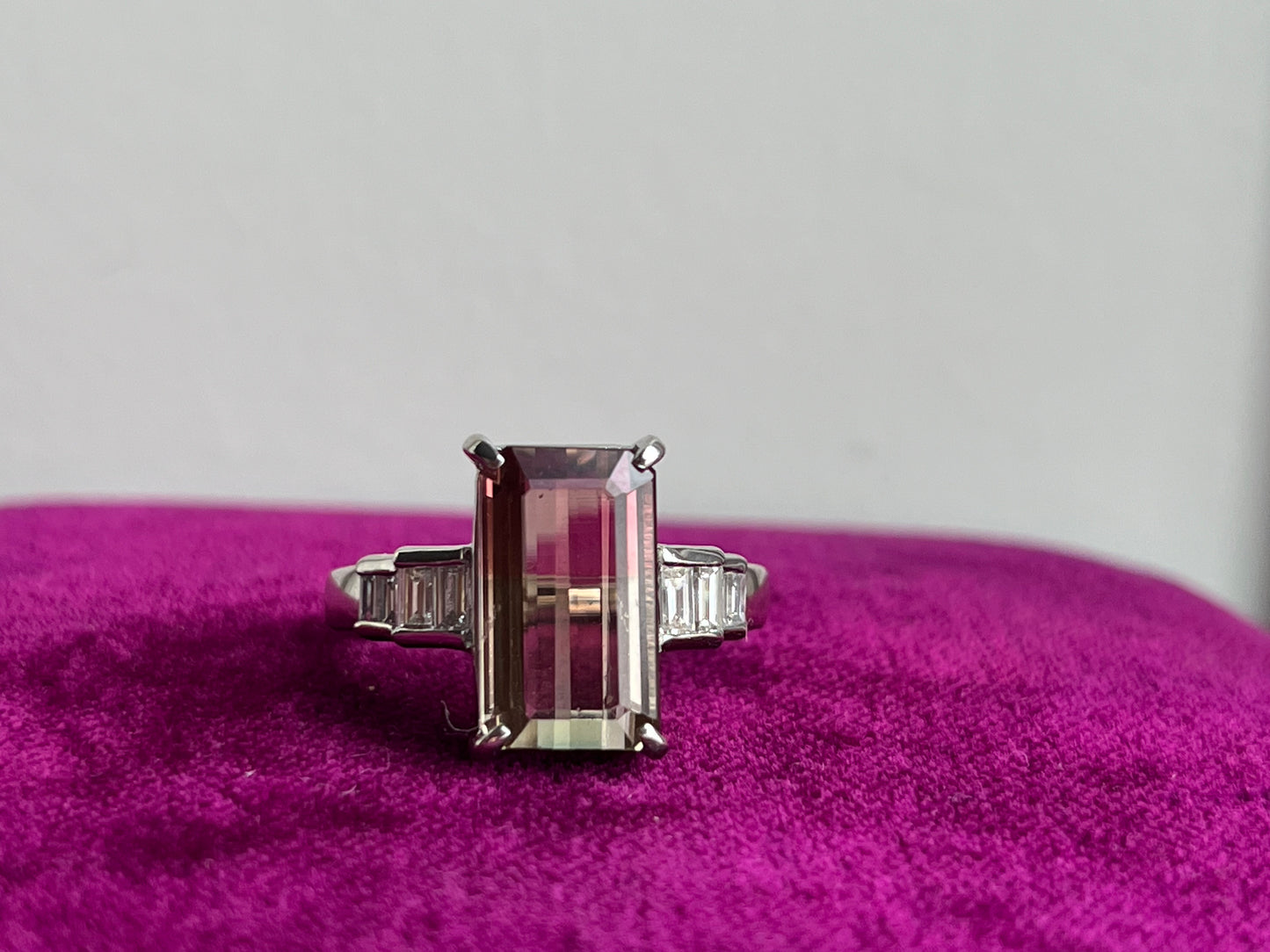 Beautiful Watermelon Tourmaline and Diamond Ring Platinum