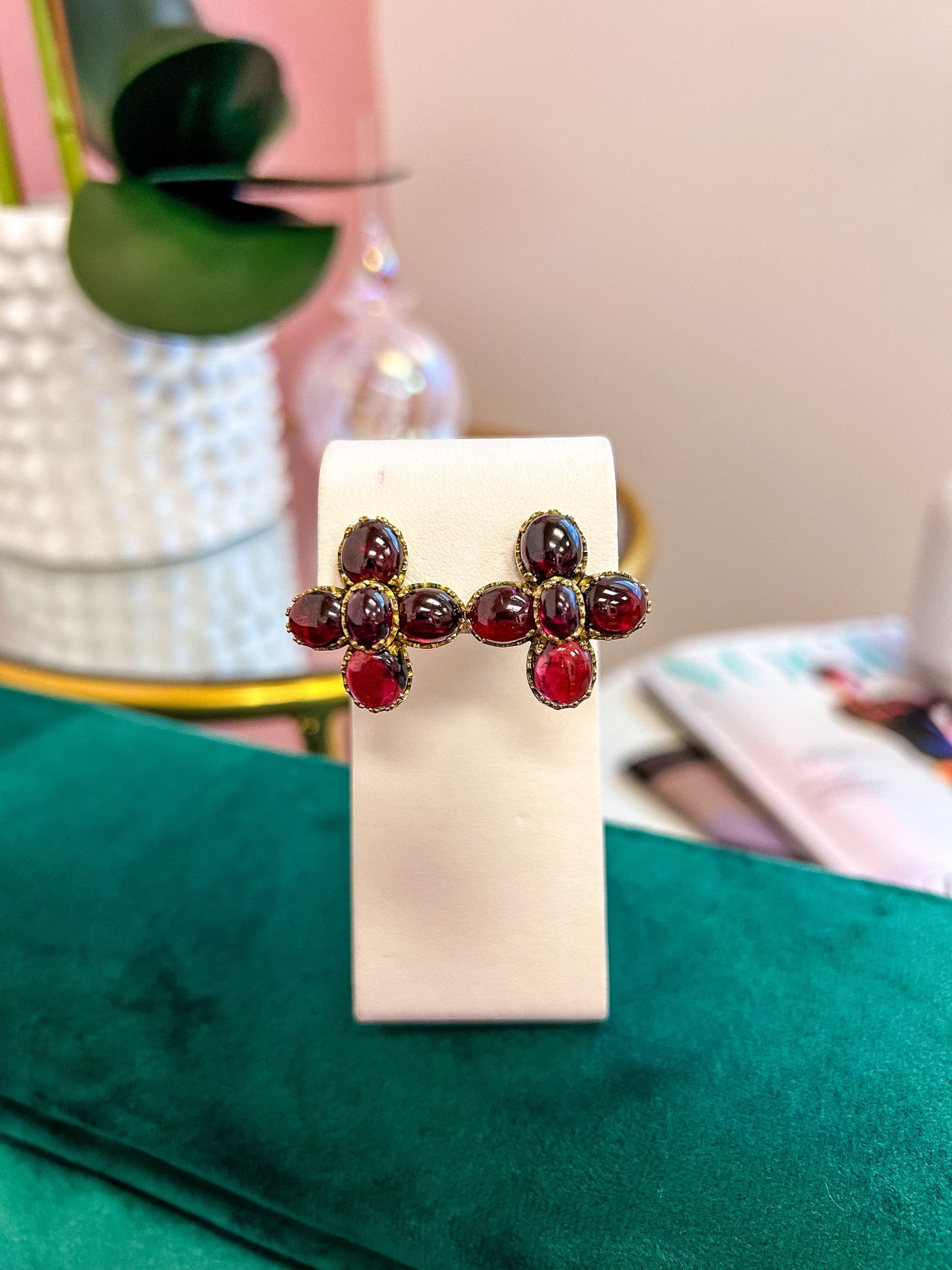 18K Garnet Omega Back Earrings