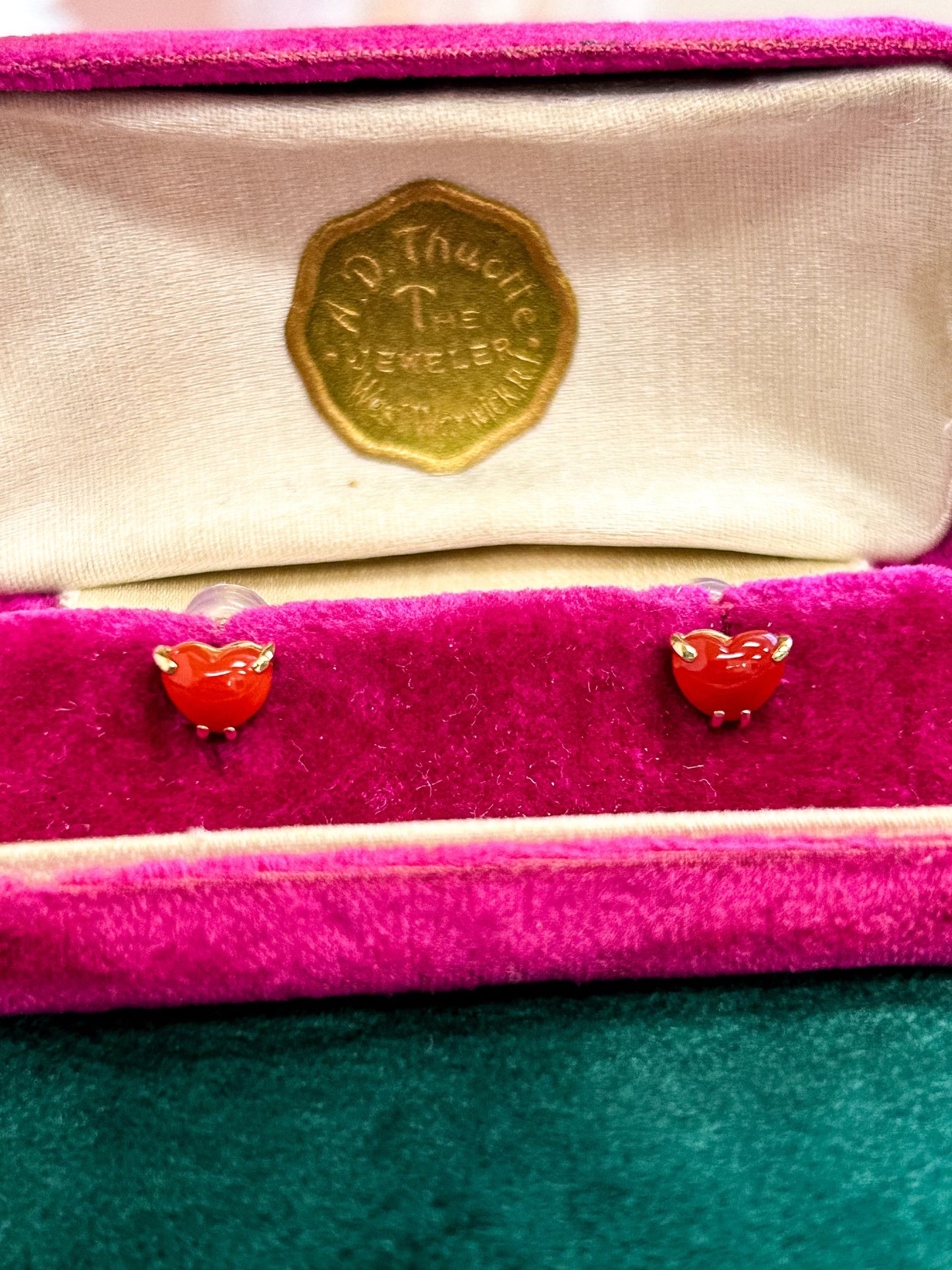 18K Coral Heart Studs