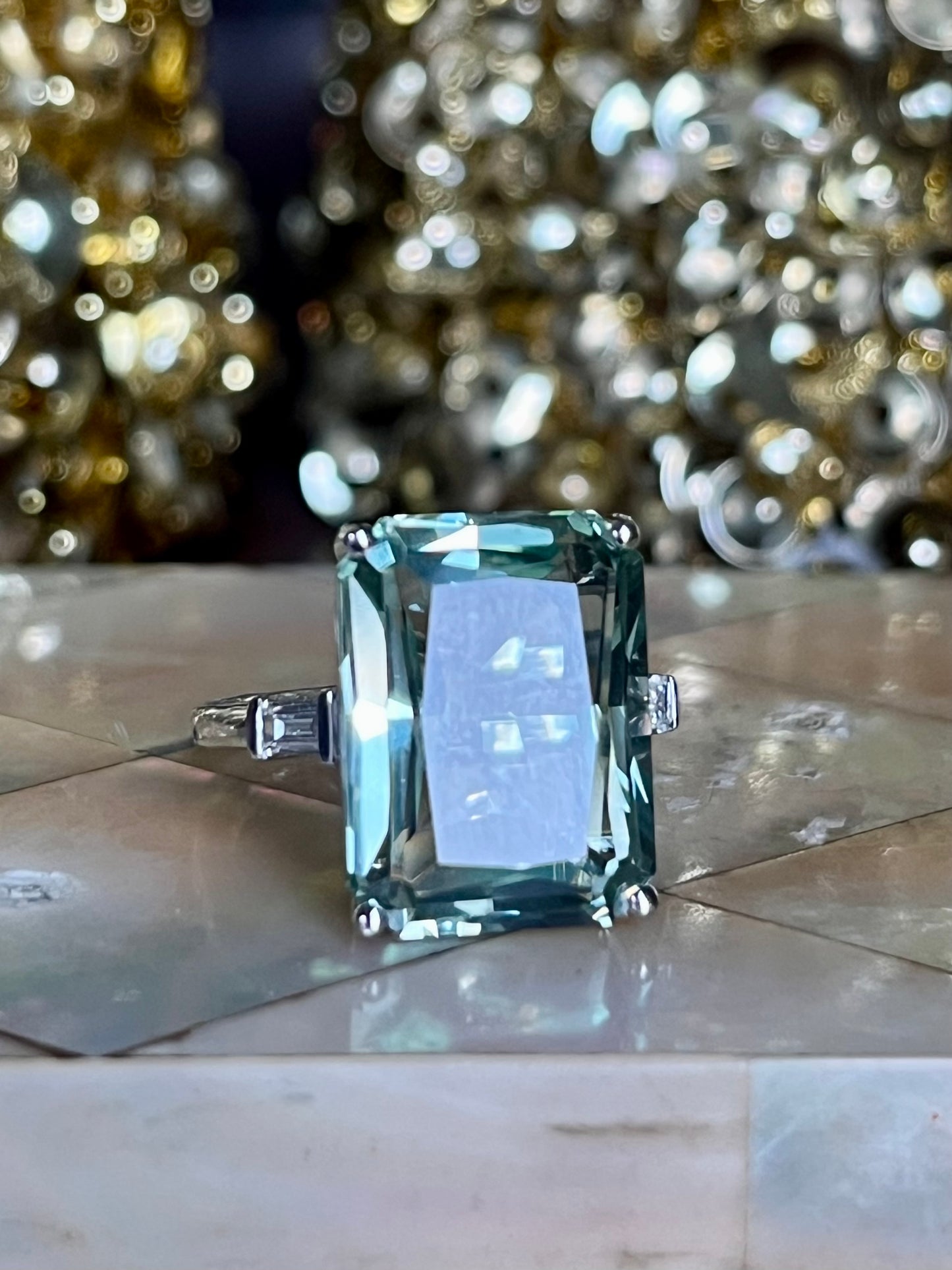 12ct Green Amethyst Ring with Diamond Accents 14K