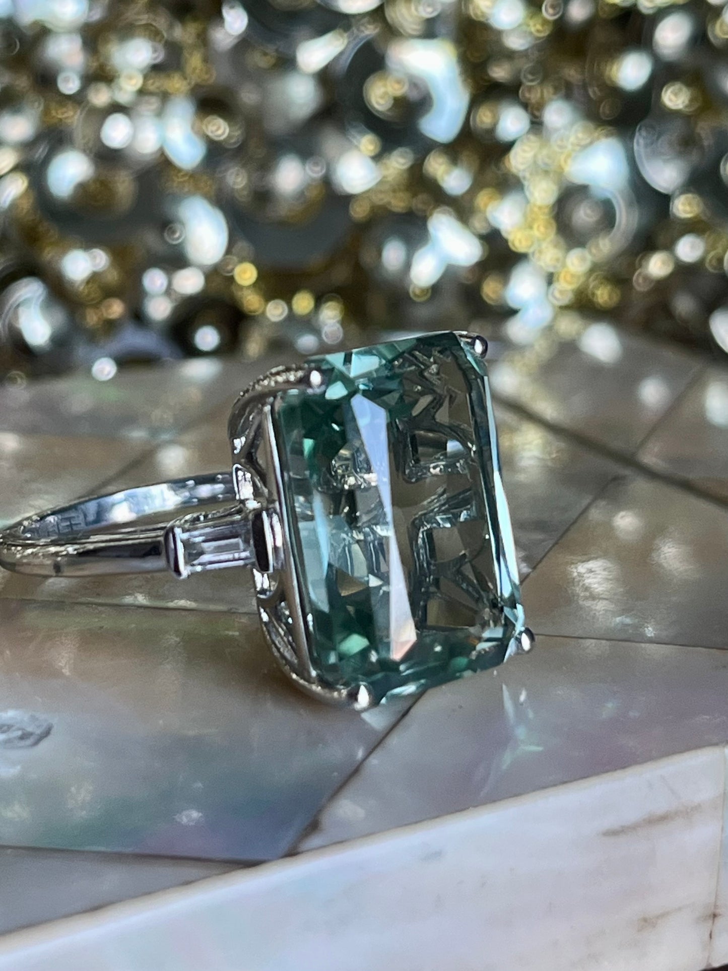 12ct Green Amethyst Ring with Diamond Accents 14K