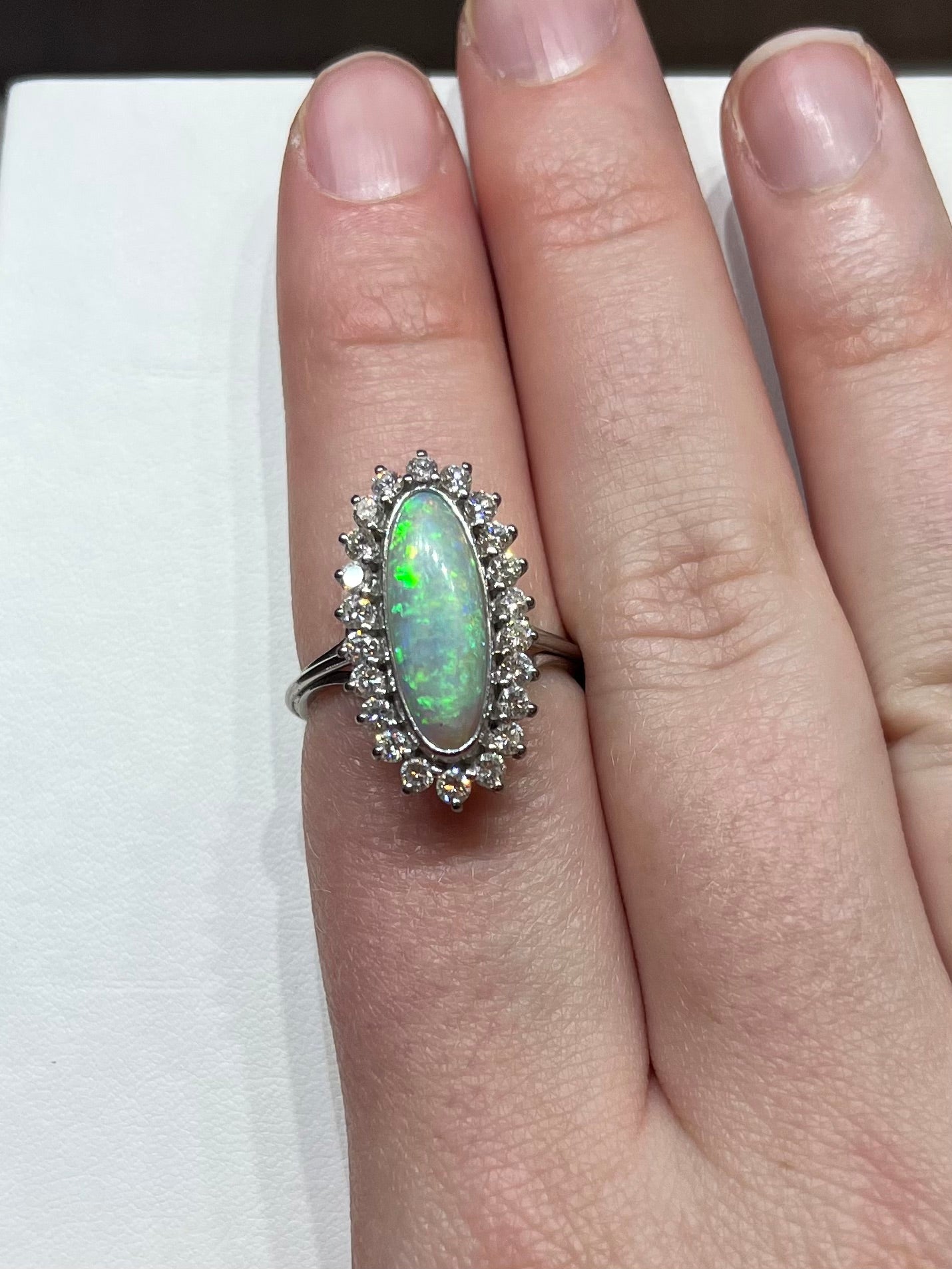 Vintage Platinum Opal and Diamond Ring