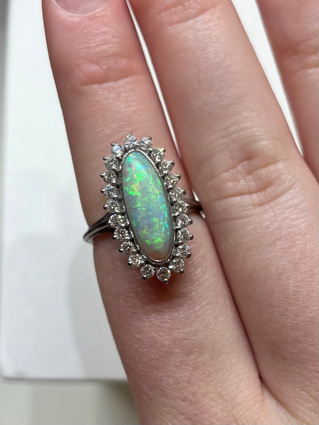 Vintage Platinum Opal and Diamond Ring