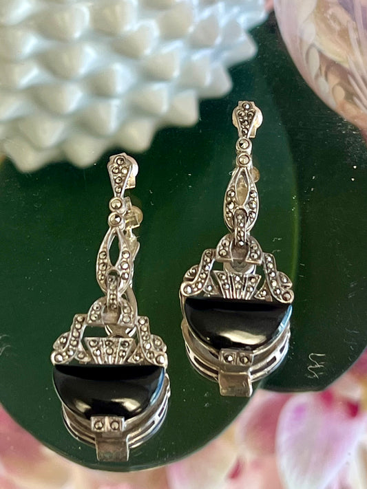 Vintage Onyx and Marcasite Dangle Earrings 925
