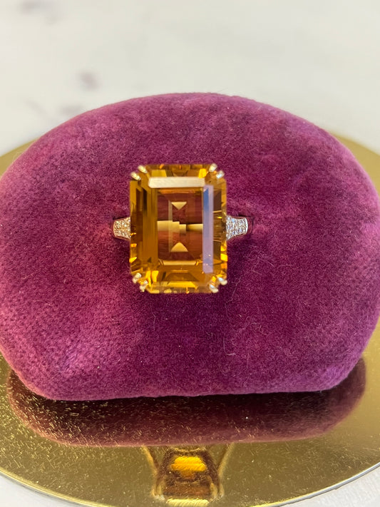 Vintage Emerald Cut Citrine & Diamond Ring 14k YG Effy