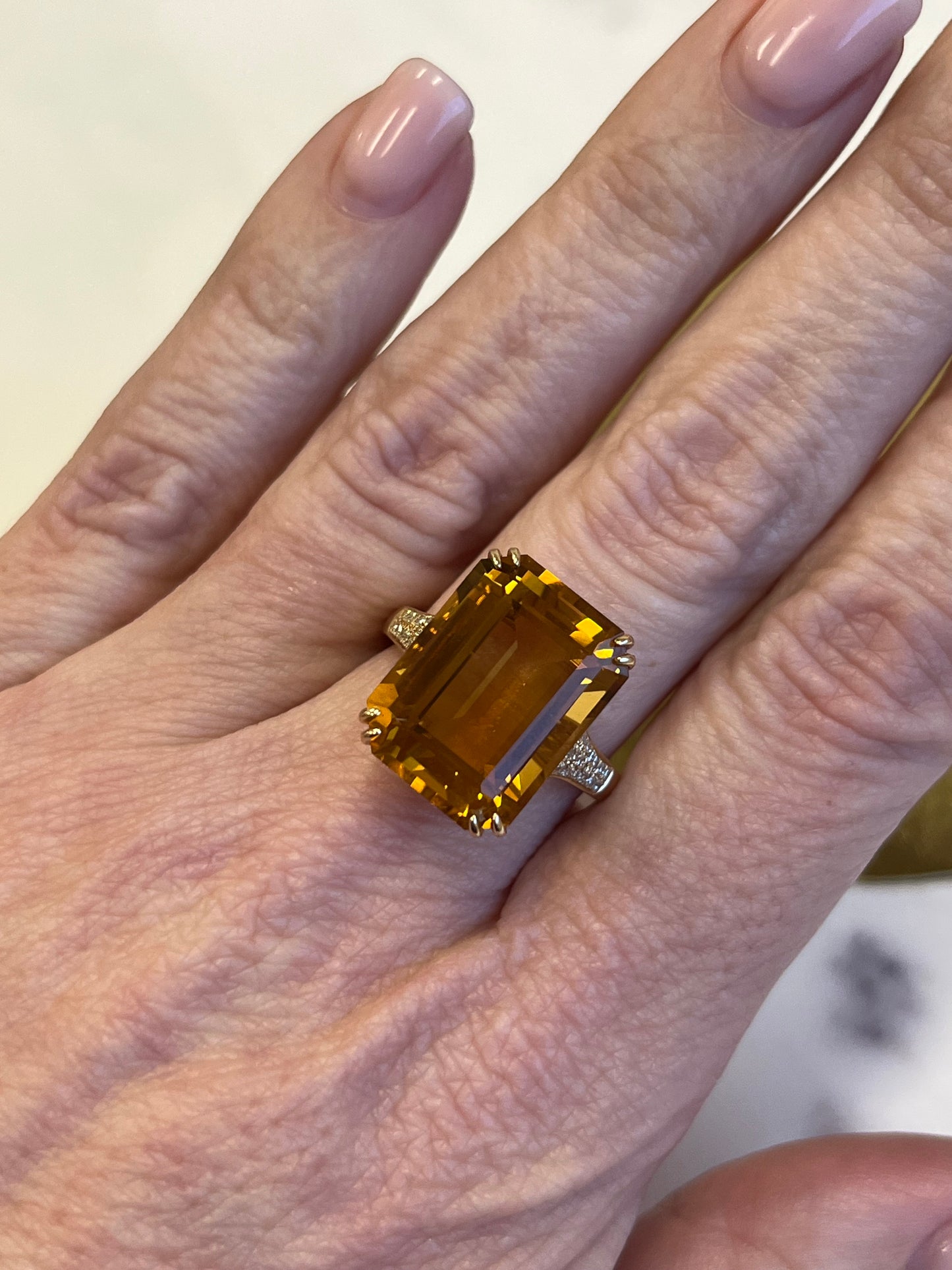 Vintage Emerald Cut Citrine & Diamond Ring 14k YG Effy