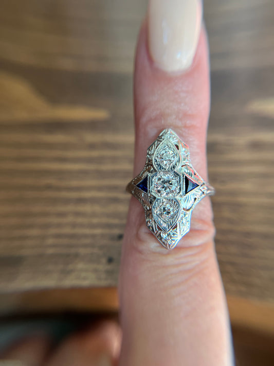Art Deco Diamond and Sapphire Dinner Ring Triangles