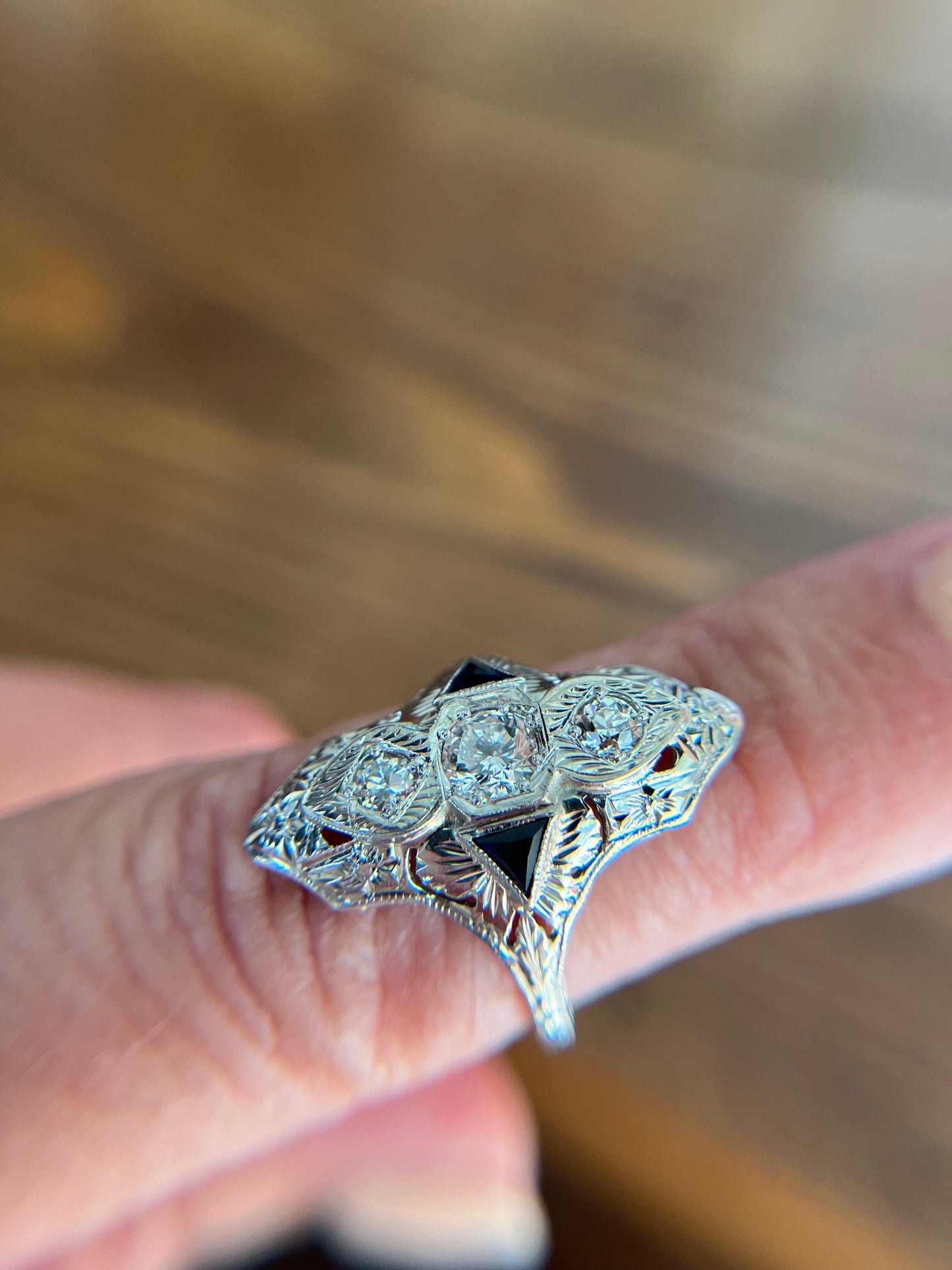 Art Deco Diamond and Sapphire Dinner Ring Triangles