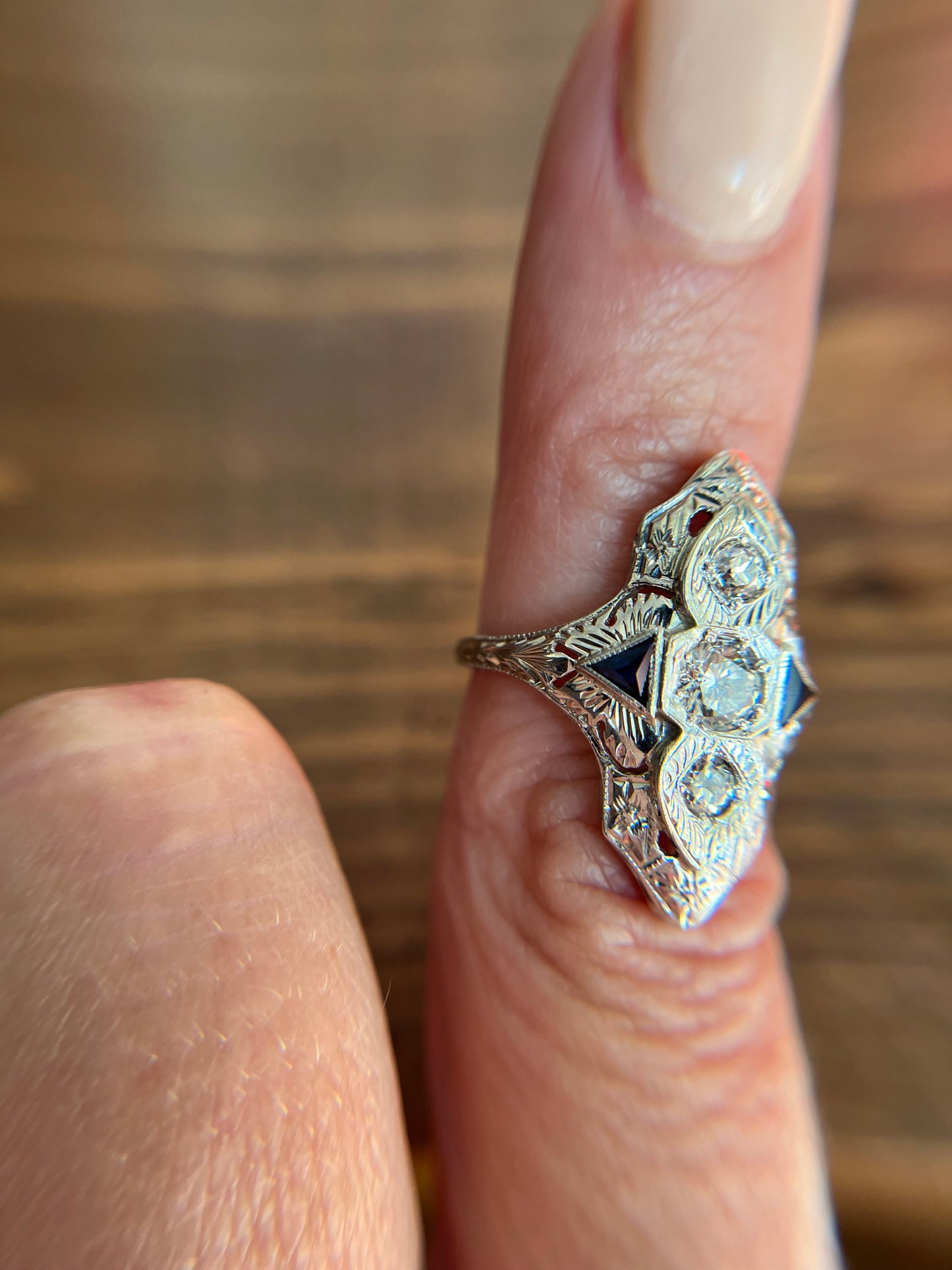 Art Deco Diamond and Sapphire Dinner Ring Triangles
