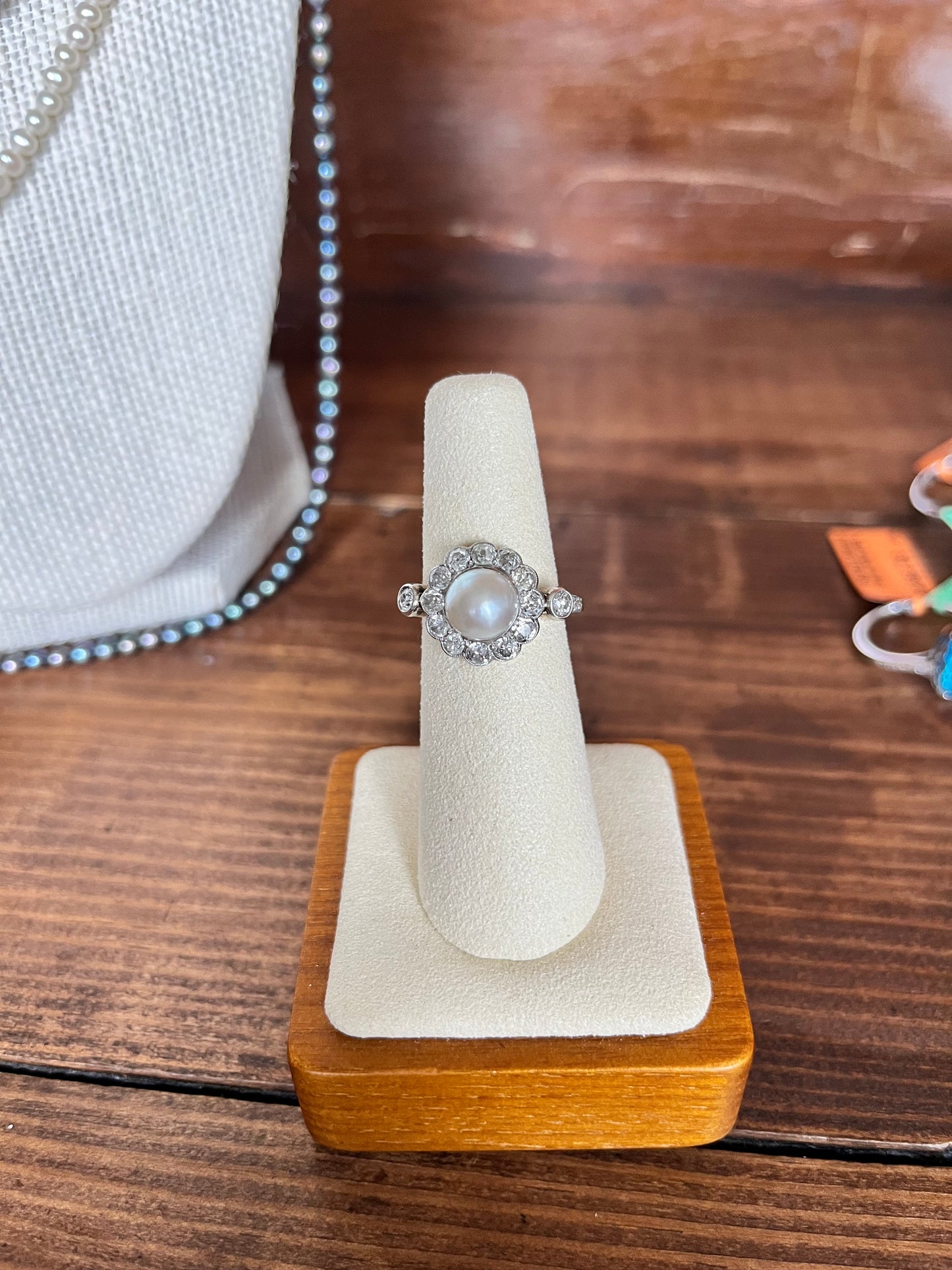 Platinum Diamond and Pearl Cluster Ring